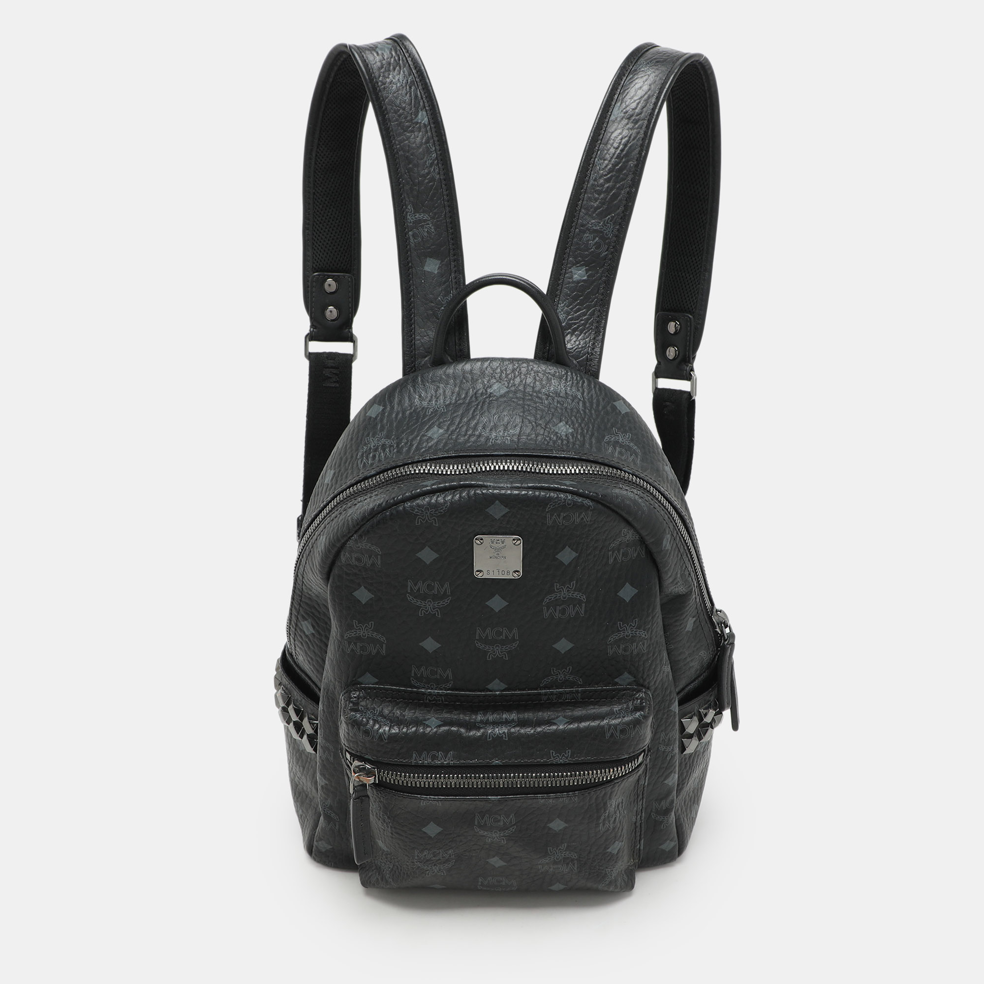 Pre-owned Mcm Black Visetos Coated Canvas Small Stark Studded Backpack