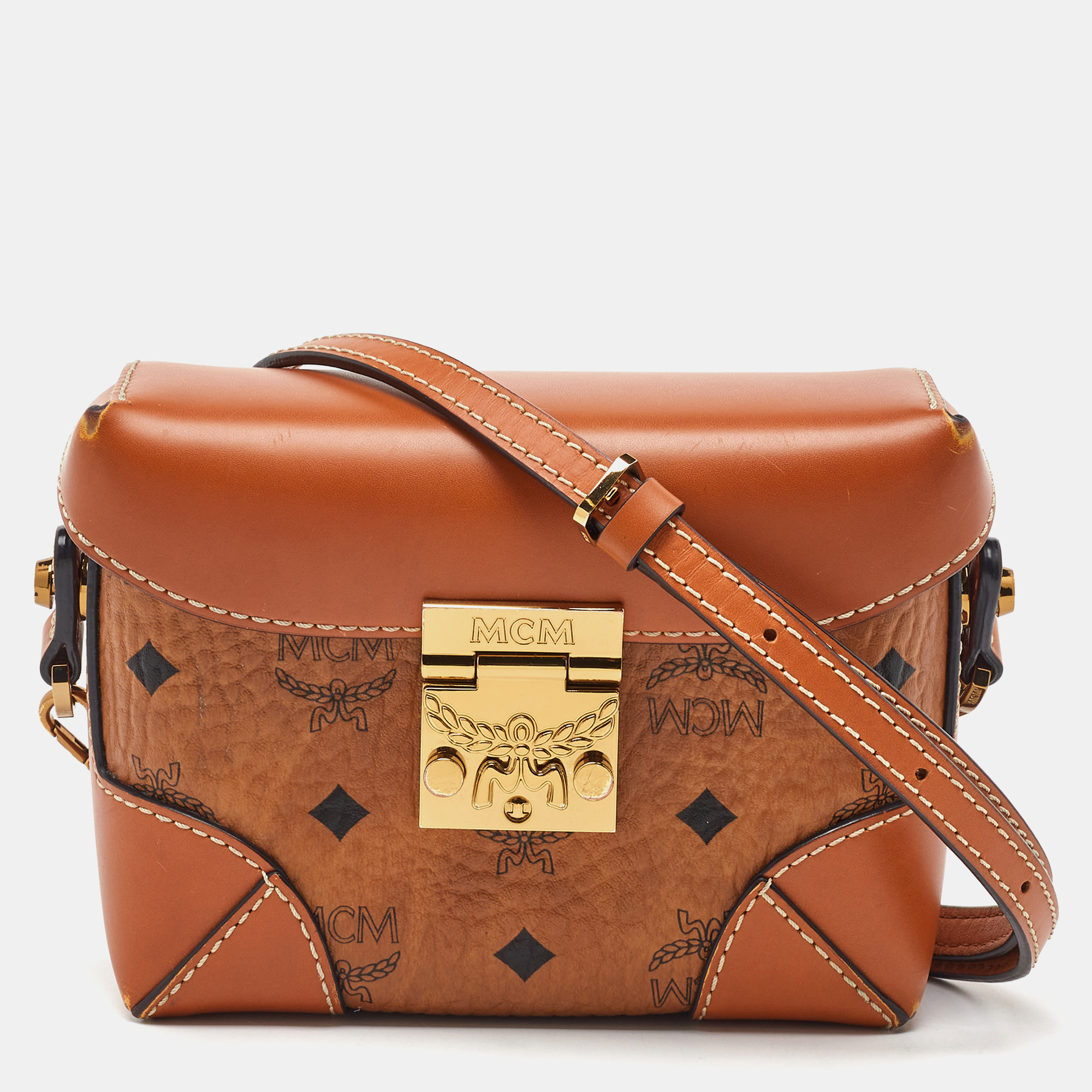 

MCM Tan Visetos Coated Canvas and Leather Berlin Convertible Box Bag