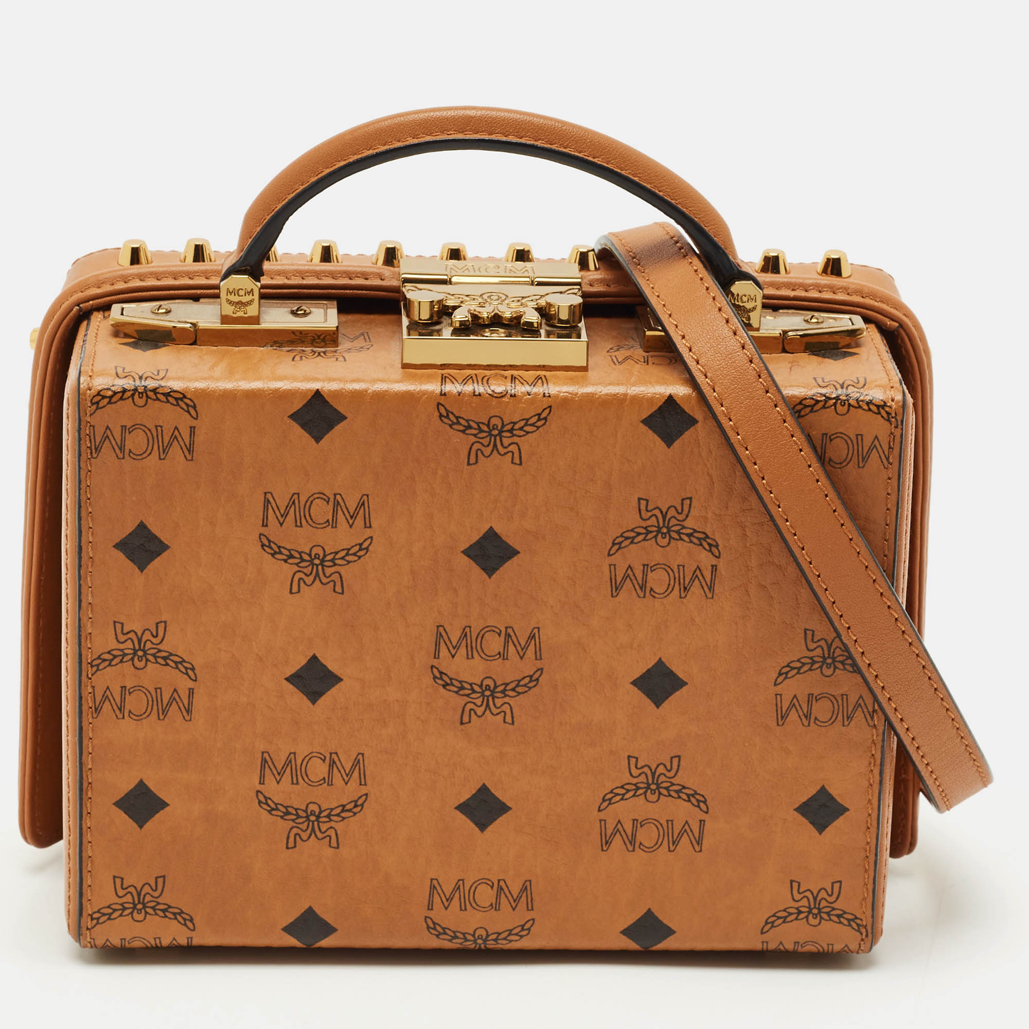 

MCM Cognac Visetos Coated Canvas and Leather Berlin Box Bag, Brown
