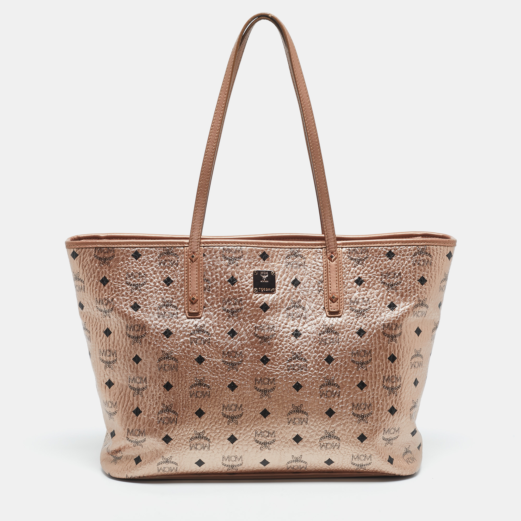 

MCM Rose Gold Visetos Coated Canvas and Leather Shopper Tote, Metallic