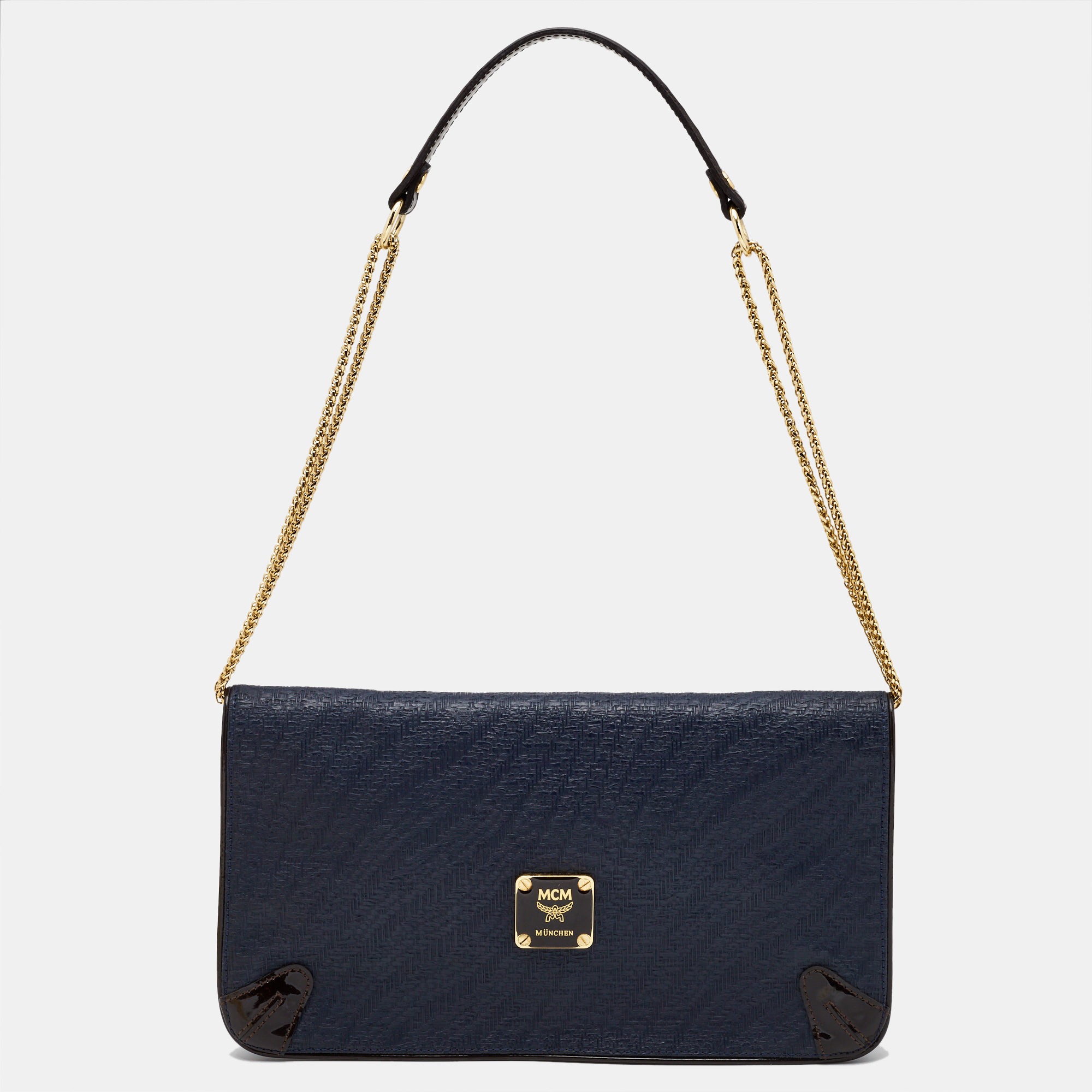 

MCM Navy Blue/Brown Coated Raffia and Patent Leather Flap Shoulder Bag
