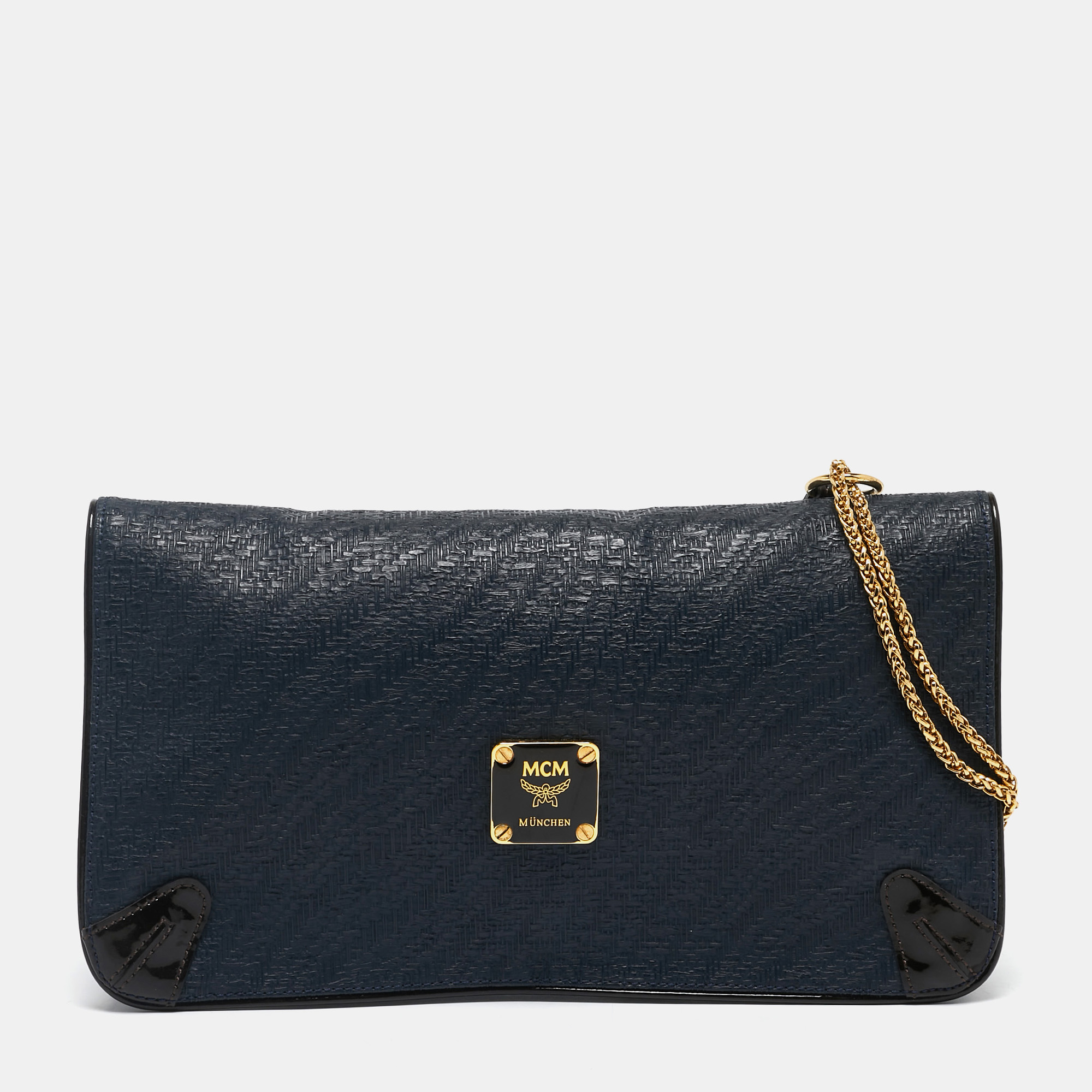 

MCM Navy Blue/Brown Coated Raffia and Patent Leather Flap Shoulder Bag