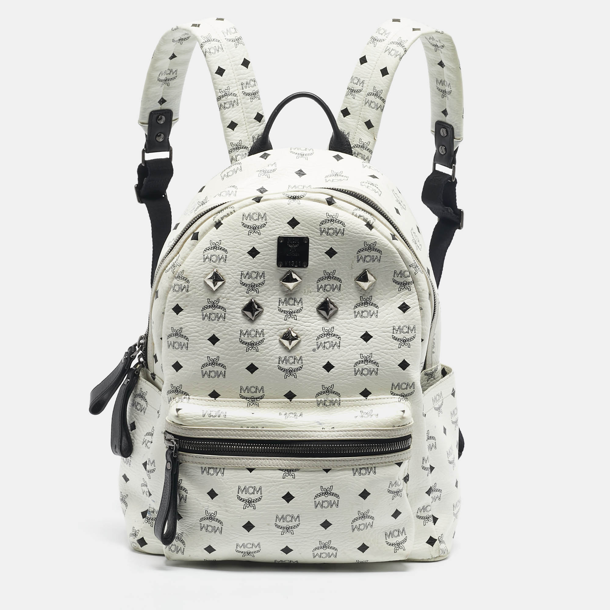 Pre-owned Mcm White/black Visetos Coated Canvas Large Studded Stark Backpack
