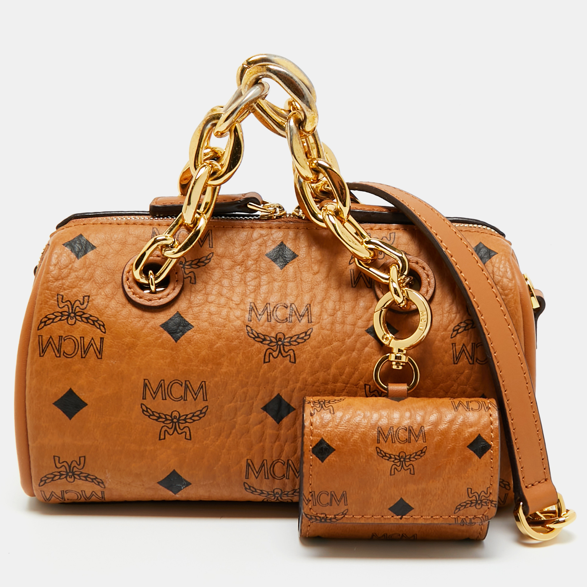 

MCM Cognac Visetos Coated Canvas Mini Essential Boston Bag, Brown