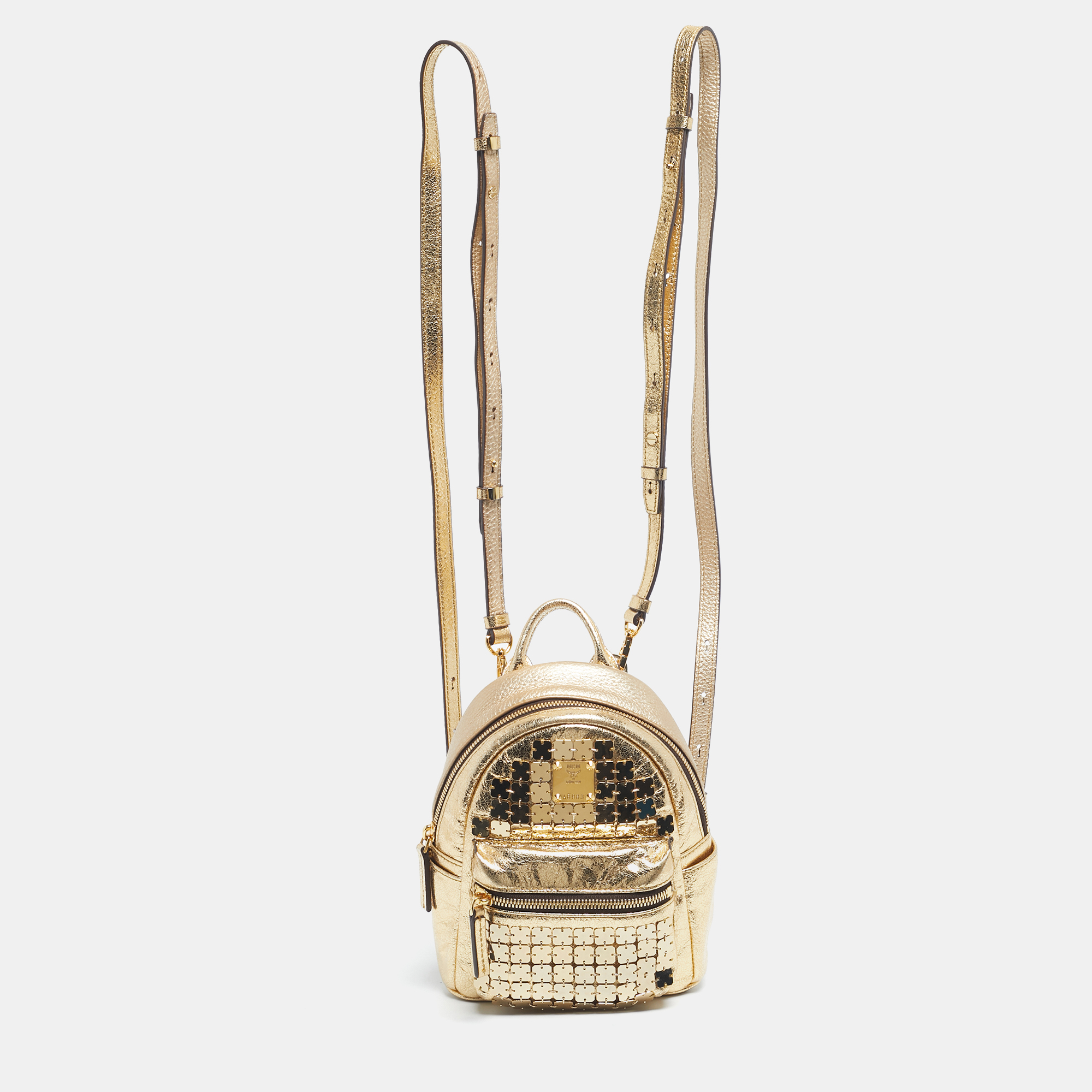 Pre-owned Mcm Gold Leather And Embellished Mini Stark Bebe Boo Backpack