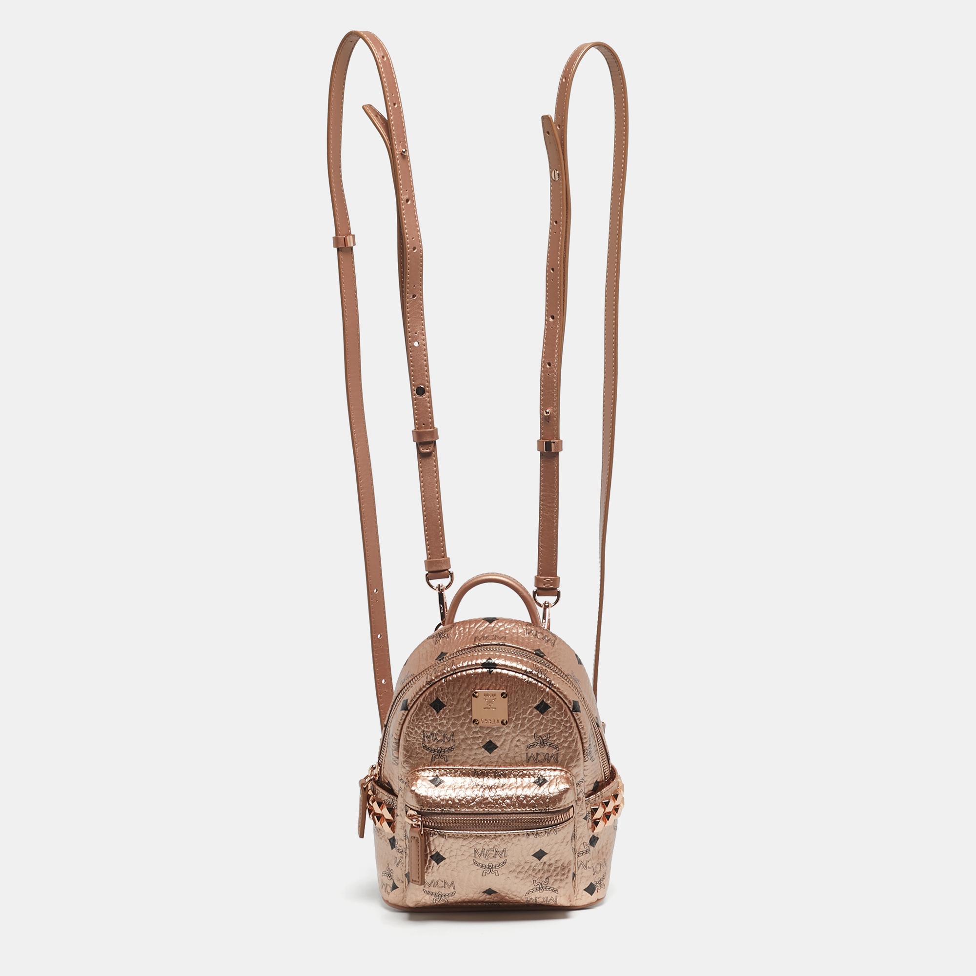 

MCM Rose Gold Visetos Coated Canvas and Leather Mini Studded Stark Bebe Boo Backpack