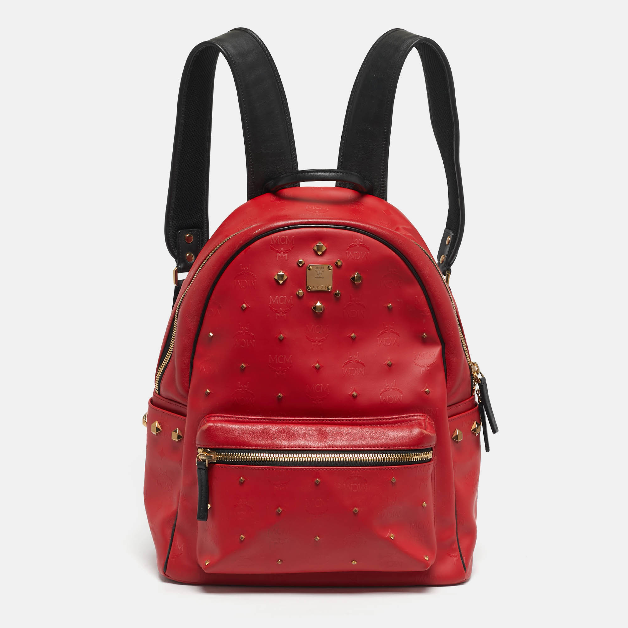 Pre-owned Mcm Red/black Visetos Pvc Medium Studded Stark Backpack