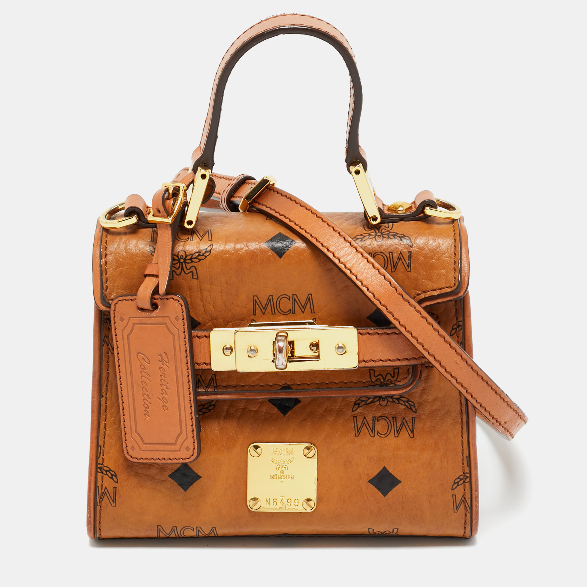 

MCM Cognac Visetos Coated Canvas X Mini Hertiage Top Handle Bag, Brown