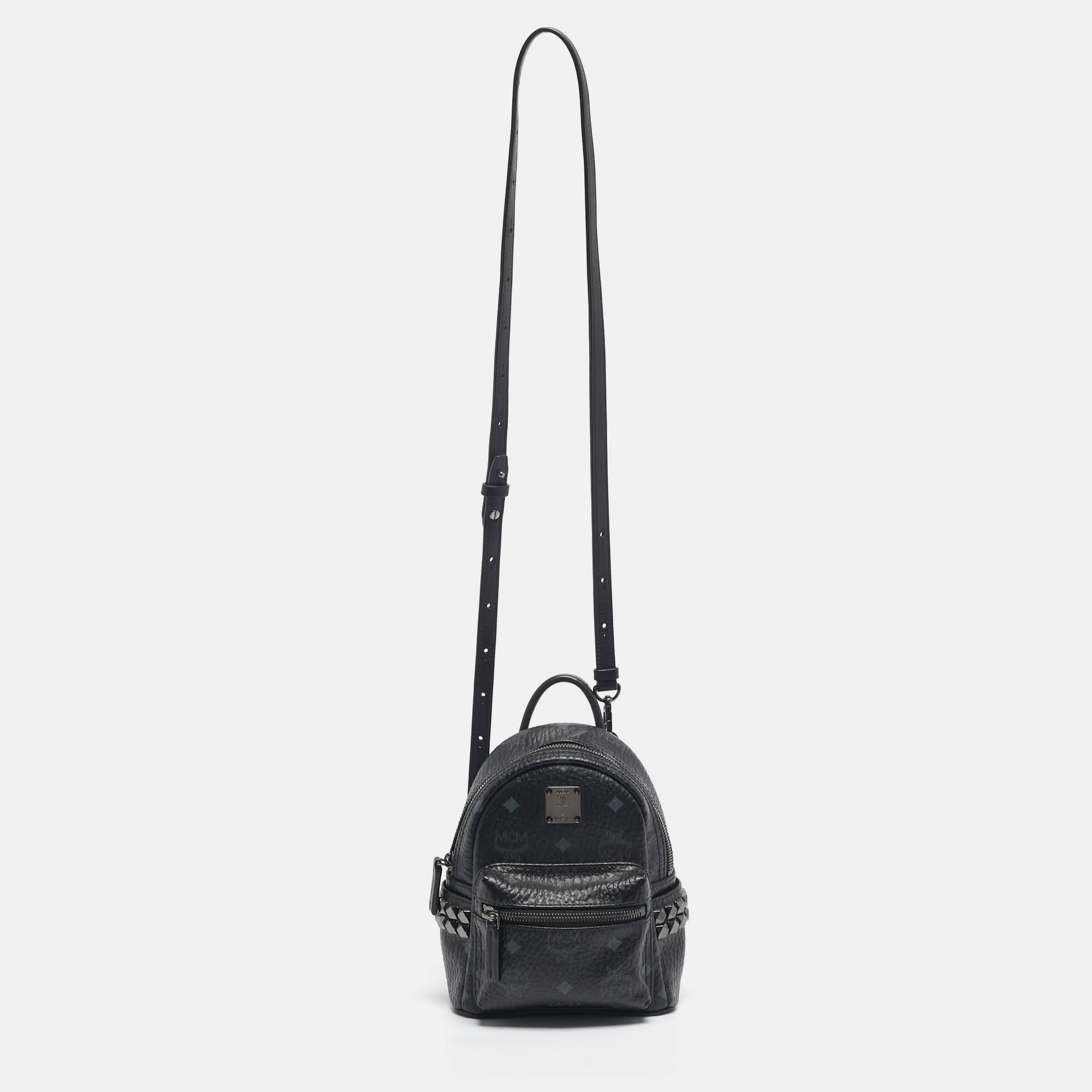 Pre-owned Mcm Black Visetos Coated Canvas Mini Studded Stark-bebe Boo Backpack