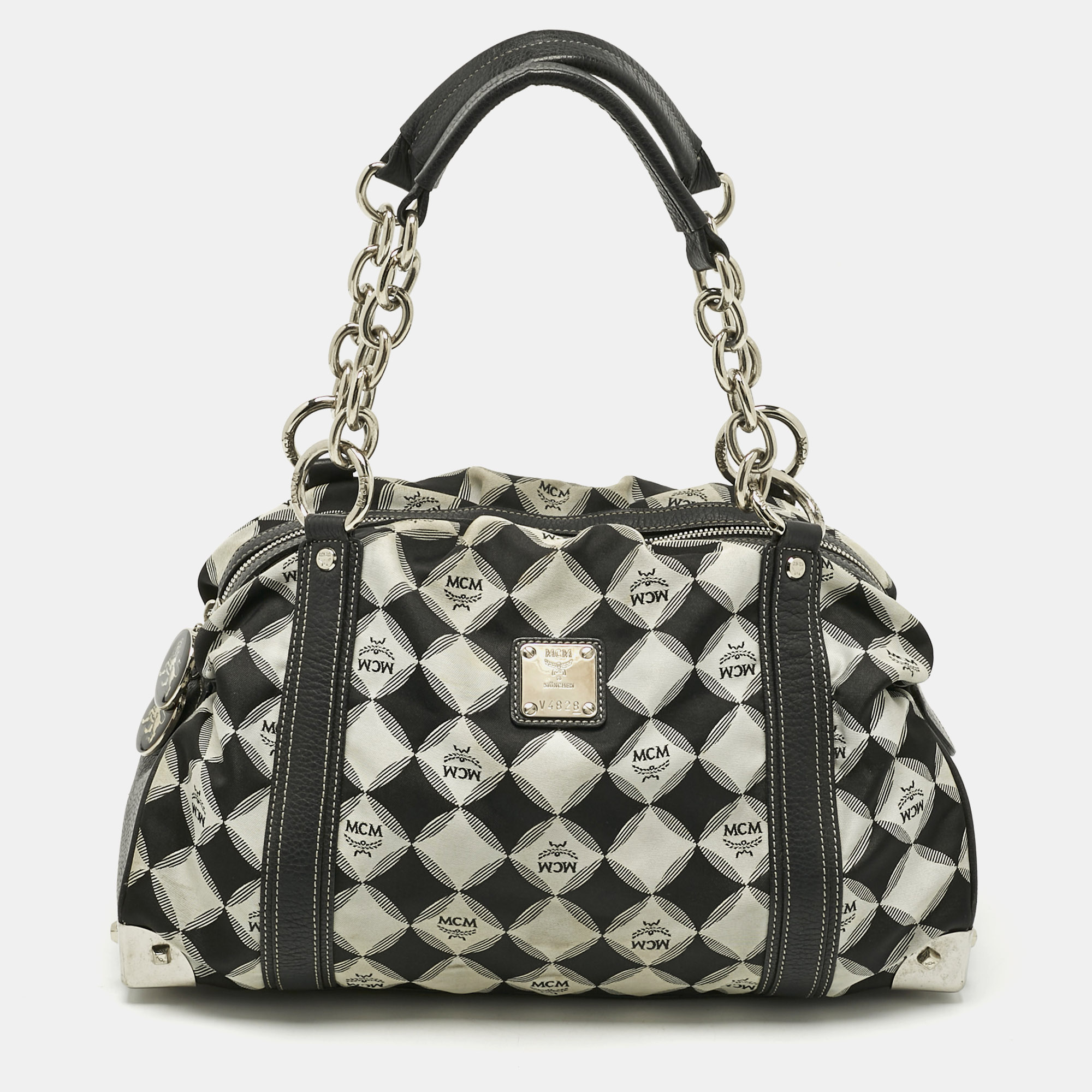 Pre-owned Mcm Black Printed Fabric And Leather Zip Satchel
