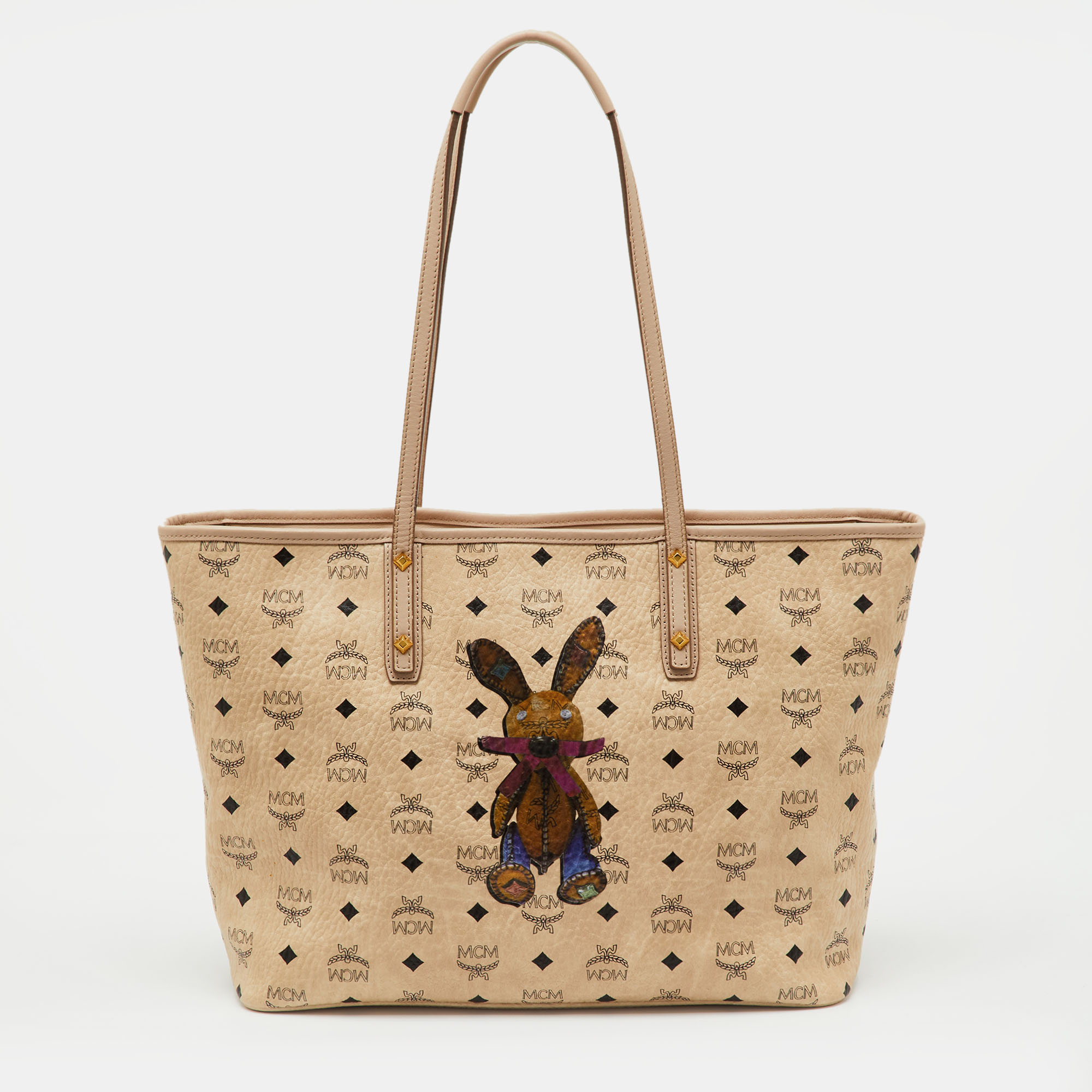Pre-owned Mcm Beige Visetos Coated Canvas And Leather Bunny Tote In Sand