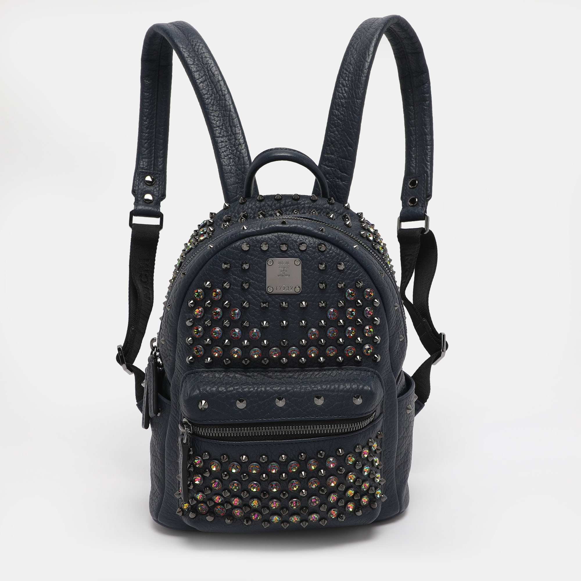 Pre-owned Mcm Navy Blue Leather Diamond Studs Stark Backpack