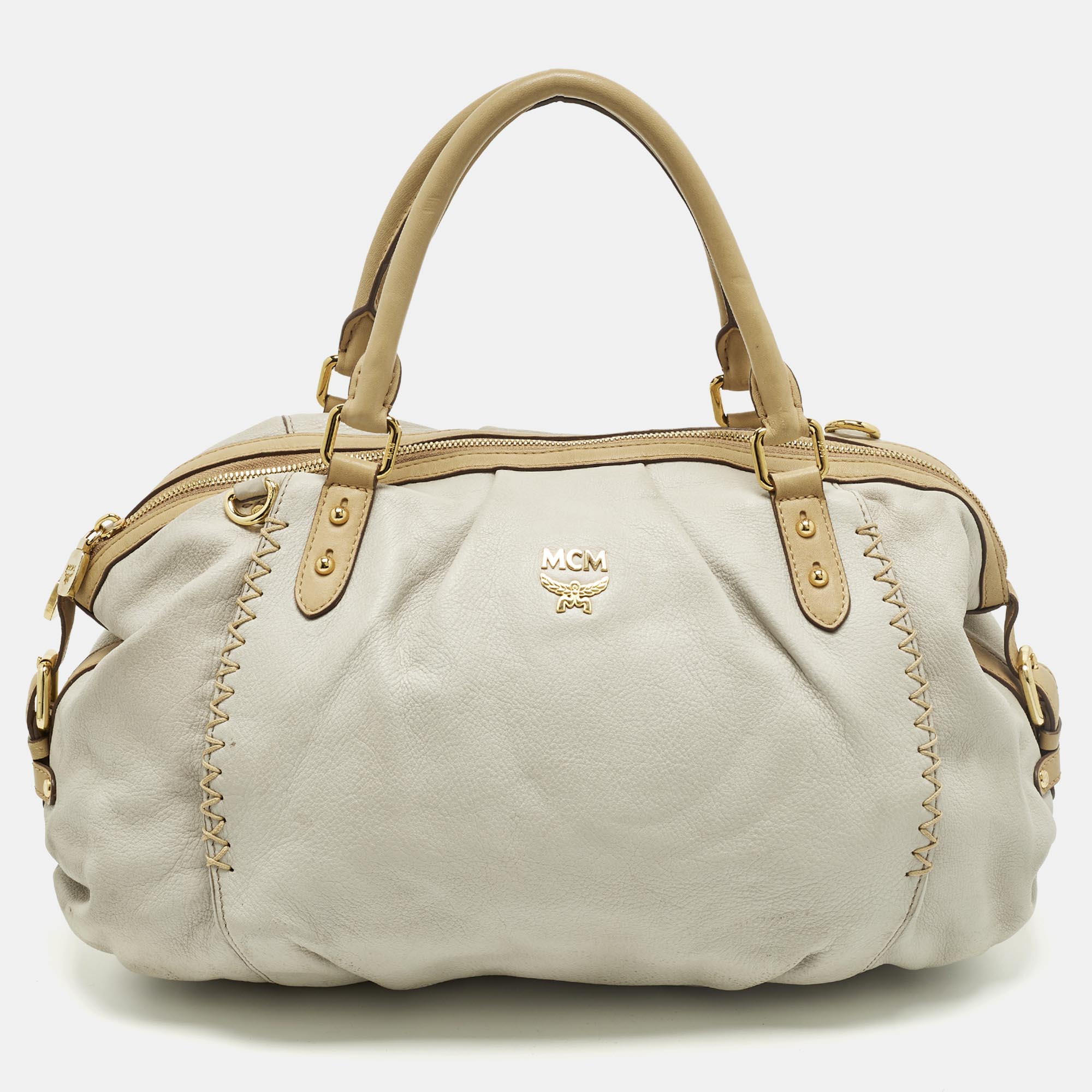 

MCM Whipstitched Detail Grey Leather Satchel