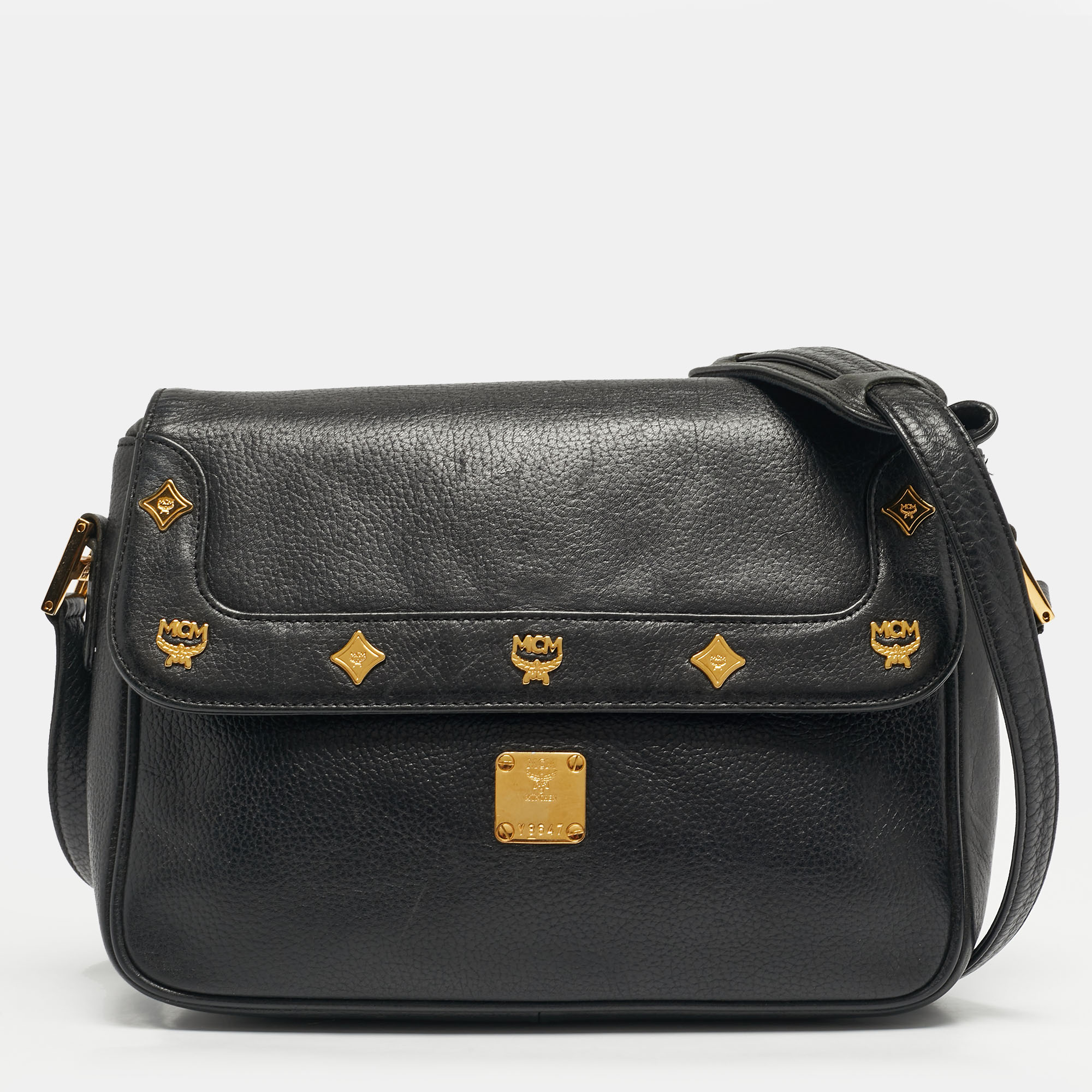 

MCM Logo Studded Black Leather Flap Shoulder Bag