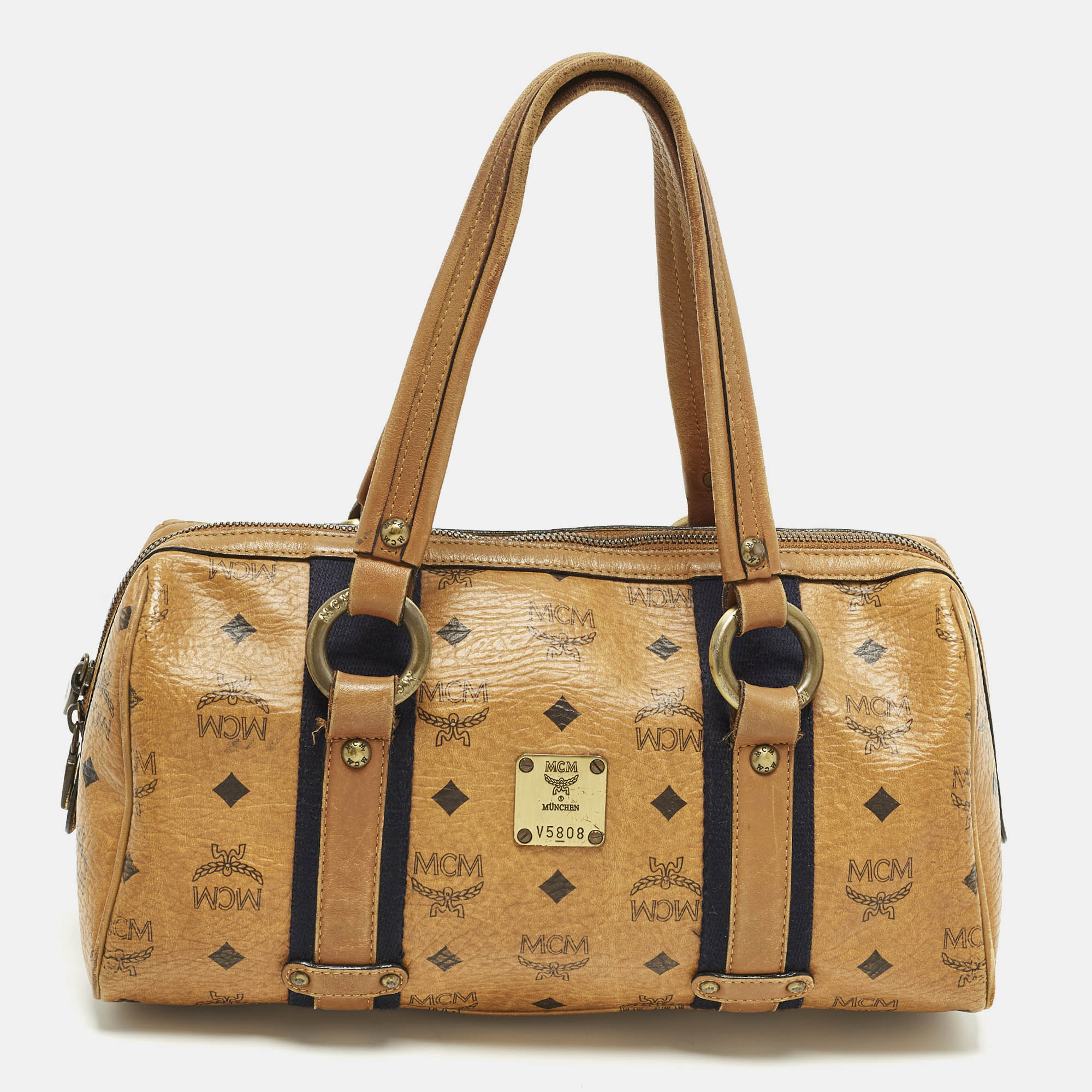 

MCM Cognac Visetos Coated Canvas Boston Satchel, Brown