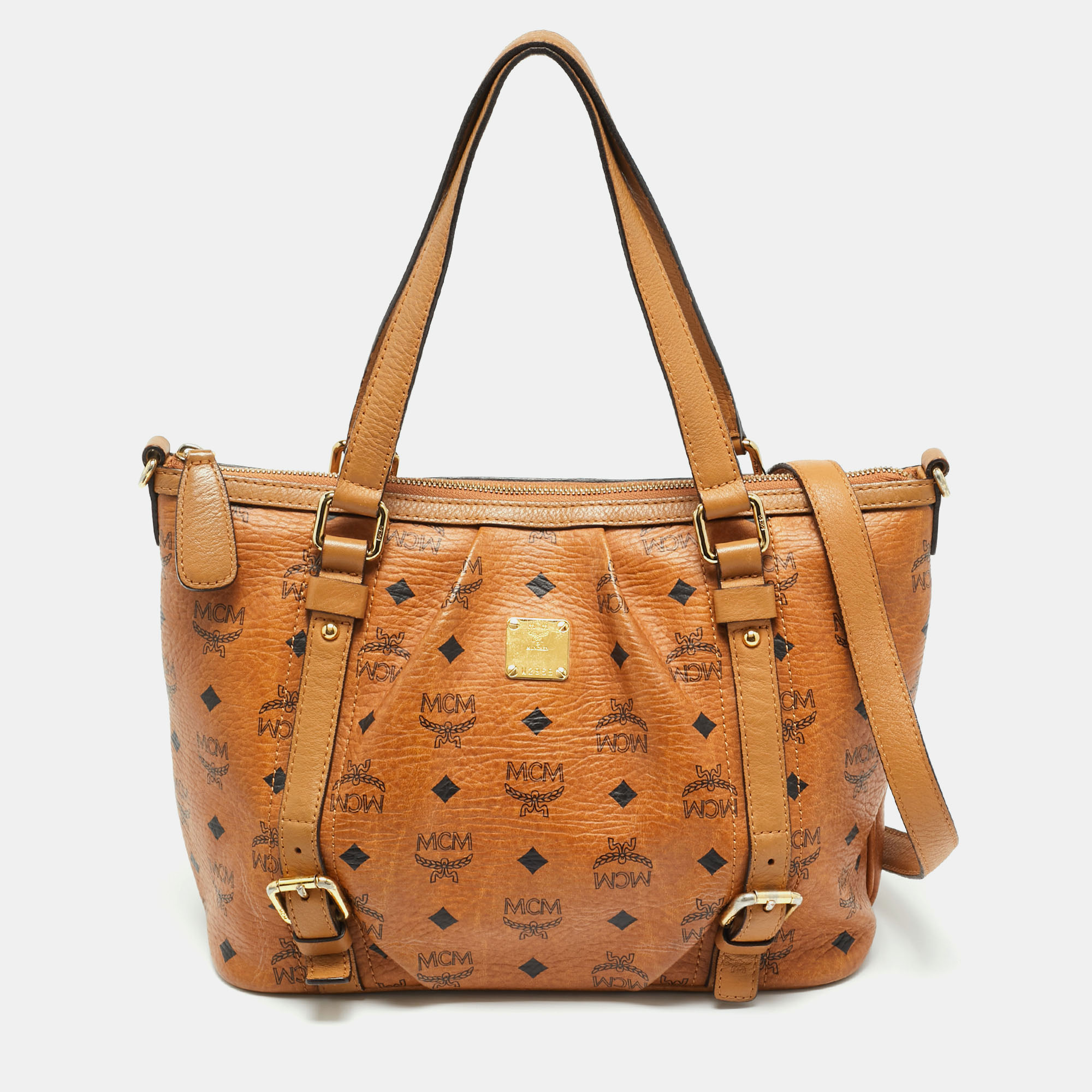 Pre-owned Mcm Pleated Cognac Coated Canvas And Leather Tote In Brown