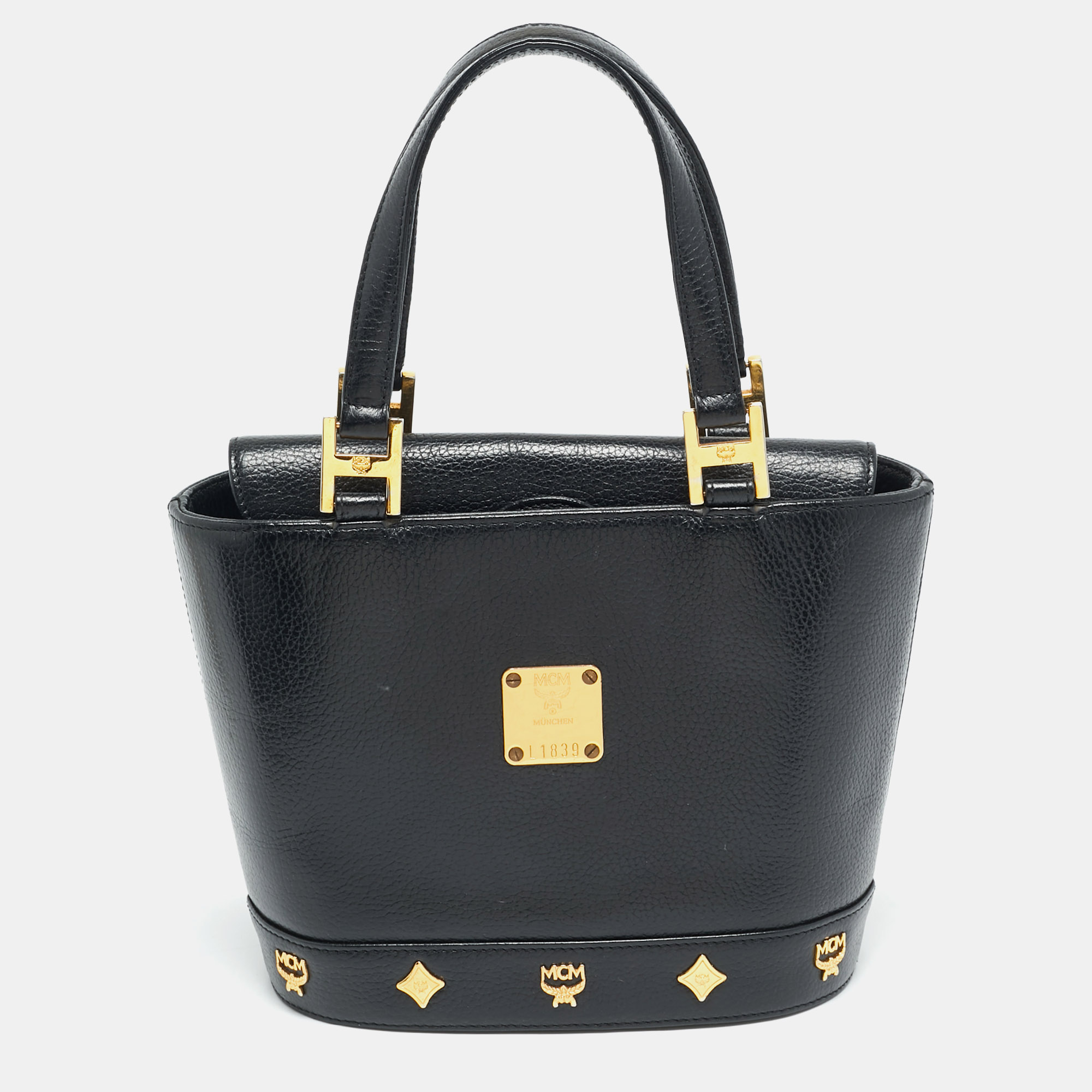 

MCM Flap Studded Black Leather Bucket Tote
