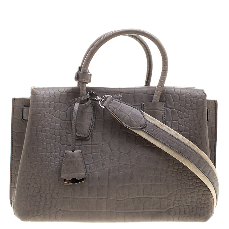 MCM Grey Croc Embossed Leather Medium Milla Satchel