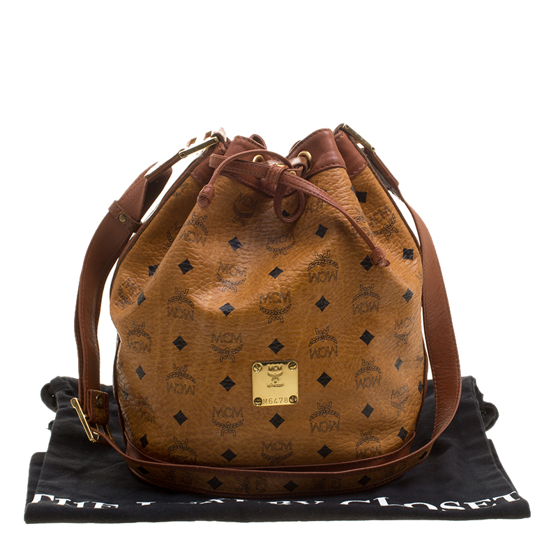 MCM Cognac Visetos Coated Canvas Bucket Bag