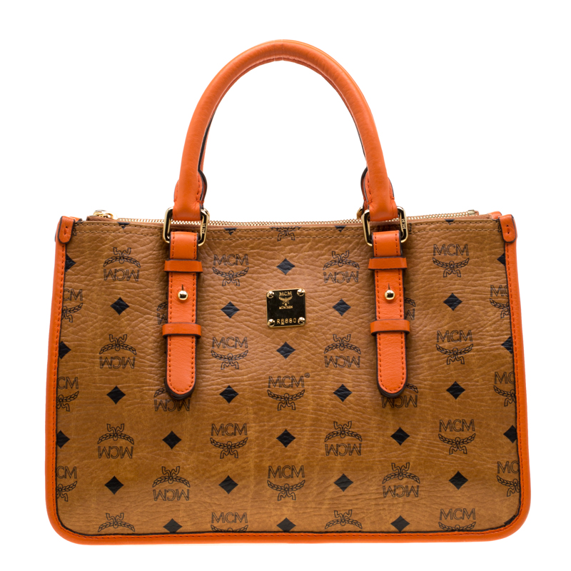 MCM Cognac/Orange Coated Canvas and Leather Double Zip Top Handle Bag