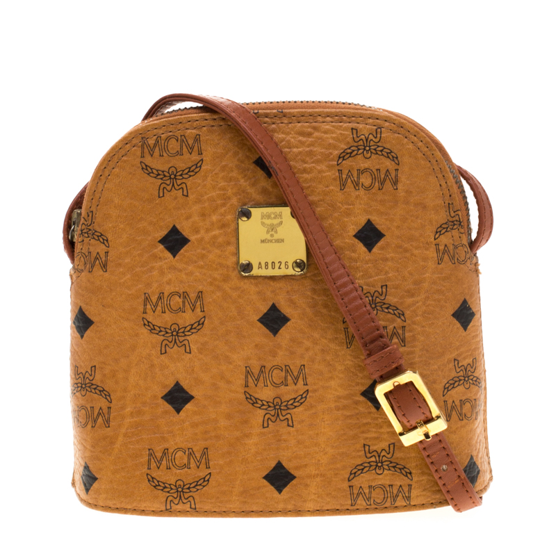MCM Cognac Visetos Leather Zip Crossbody Bag
