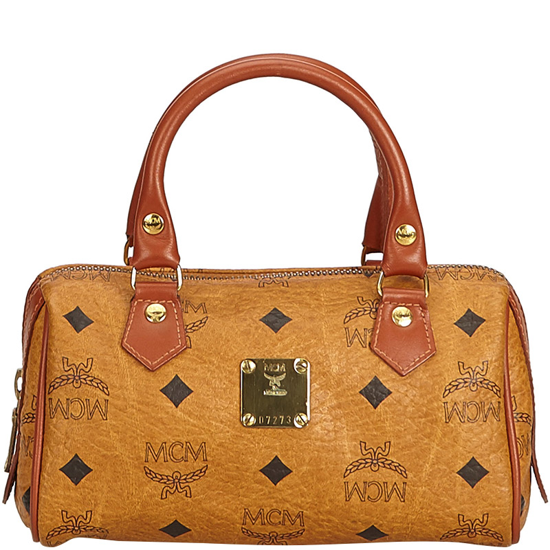 Mcm Cognac Visetos Coated Canvas Small Heritage Boston Bag