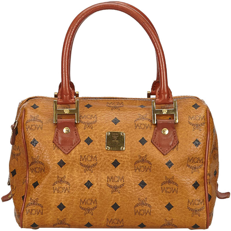 Pre-owned Mcm Cognac Visetos Coated Canvas Small Heritage Boston Bag In ...