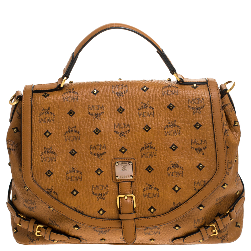 MCM Cognac/Black Visetos Leather Top Handle Bag            