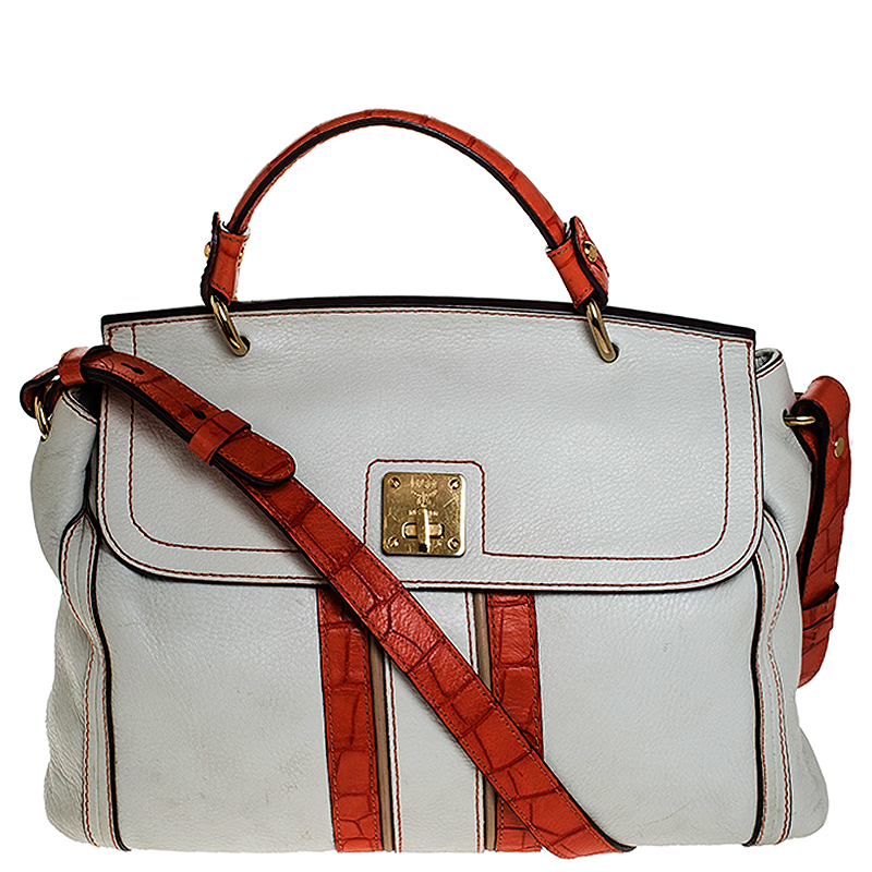 Pre Owned MCM White/Orange Leather and Croc Embossed Leather Top Handle Bag