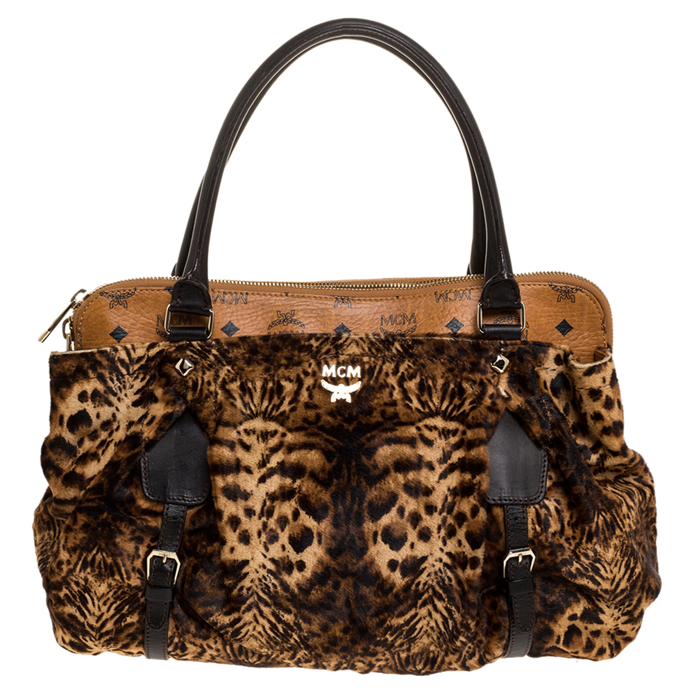 MCM Brown/Black Leopard Print Calfhair and Visetos Coated Canvas Zip Satchel