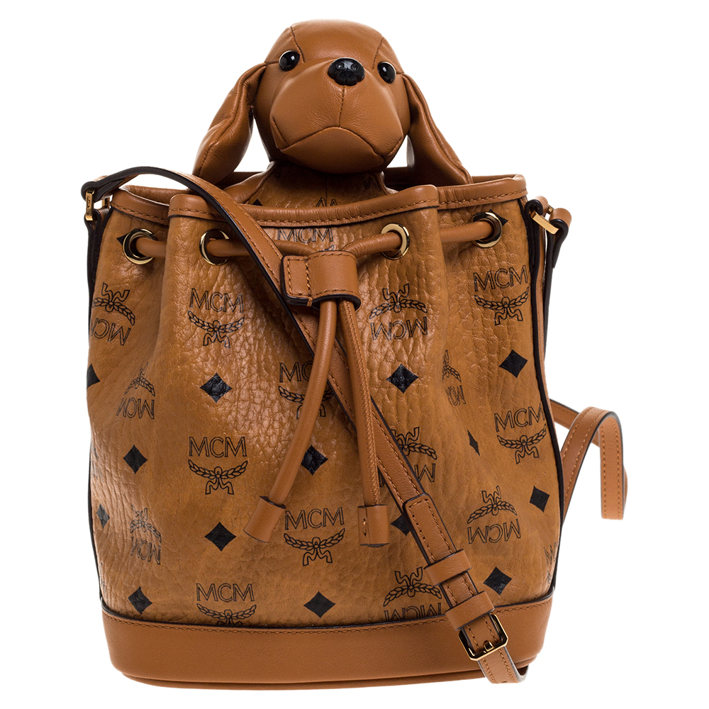 MCM Brown Visetos Coated Canvas Drawstring Shoulder Bag
