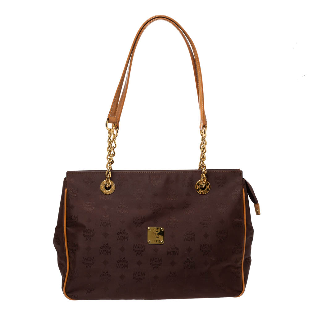 MCM BROWN VISETOS NYLON AND LEATHER CHAIN TOTE