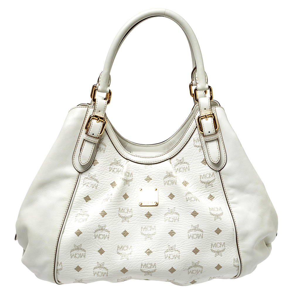 Pre-owned Mcm White Visetos Coated Canvas And Leather Shoulder Bag