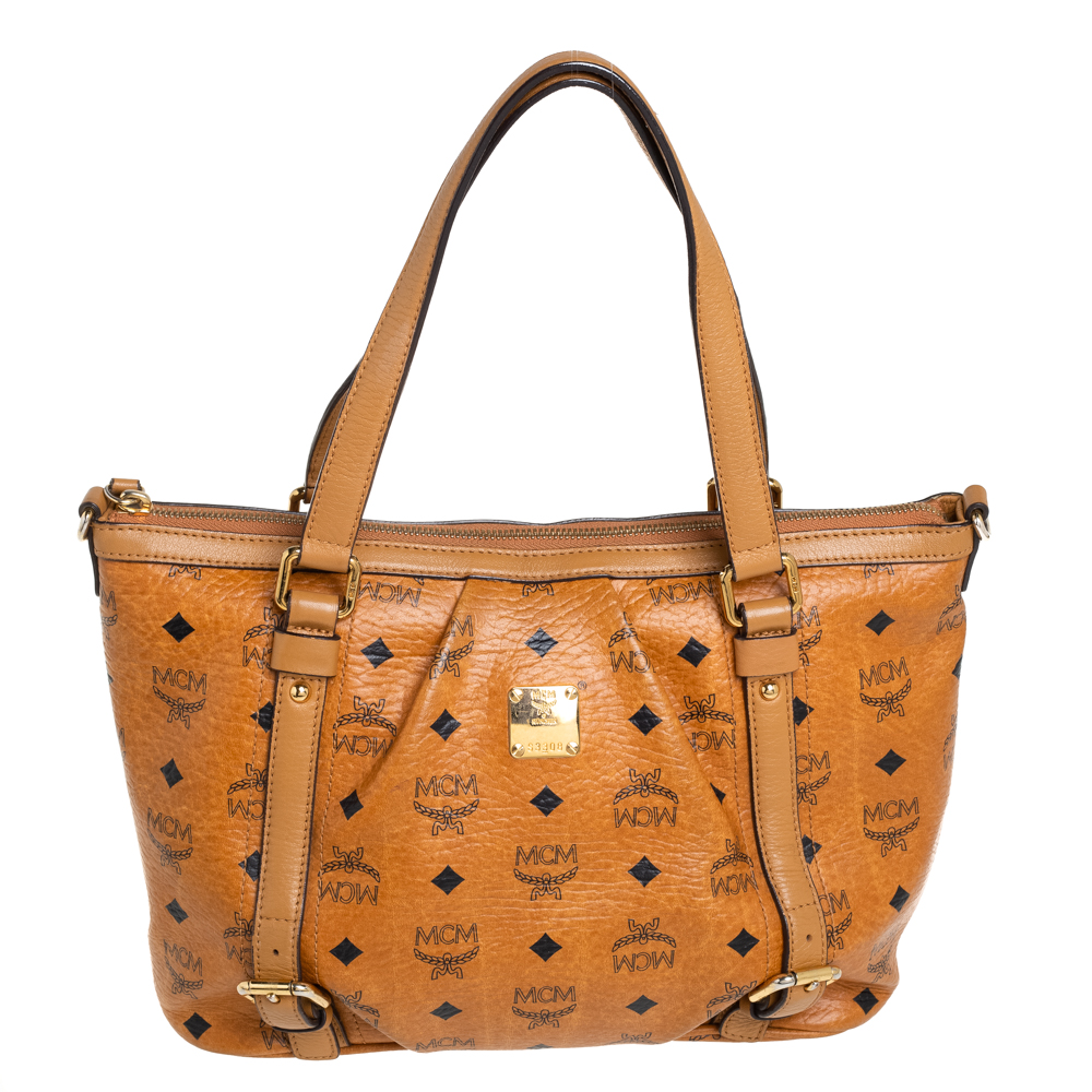 Preowned Mcm Cognac Visetos Coated Canvas And Leather Shopper Tote In