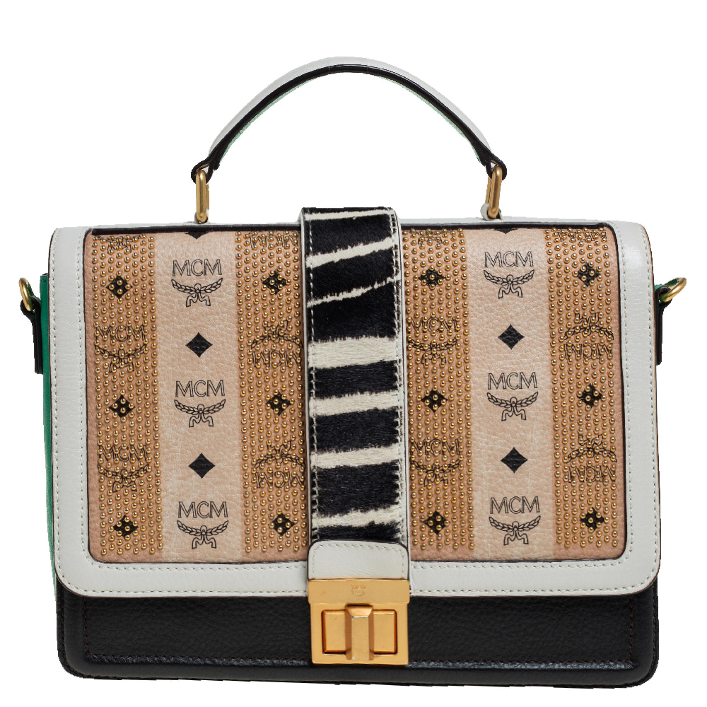 Click to view more detailed imagery on our partner's website Pre-owned Mcm Multicolor Visetos Coated Canvas And Zebra Print Calf Hair Little Veronika Top Handle Bag
