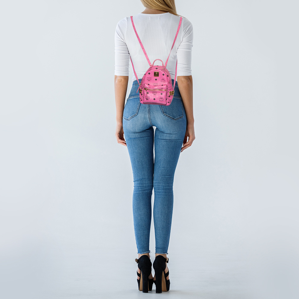 

MCM Pink Visetos Coated Canvas and Leather Mini Studded Stark-Bebe Boo Backpack