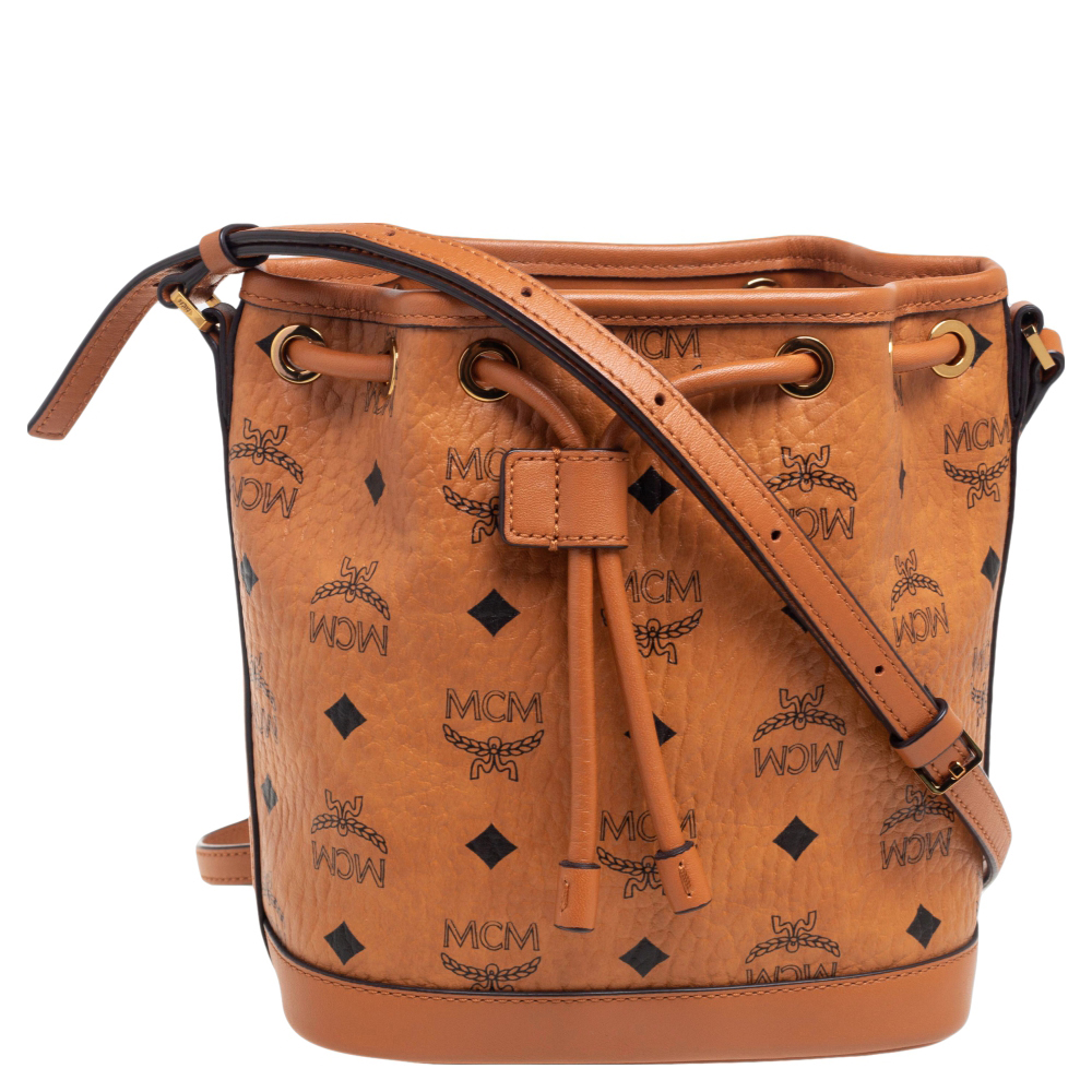 Preowned Mcm Cognac Visetos Coated Canvas Heritage Drawstring Bucket