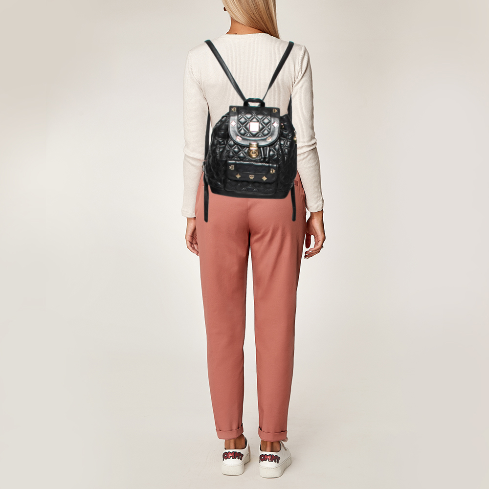 

MCM Black Quilted Leather Stark Drawstring Backpack