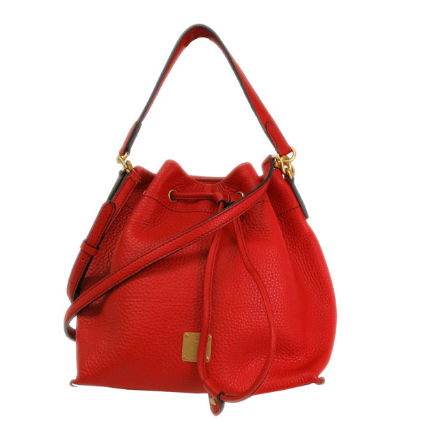 MCM Red Leather Drawstring Hobo
