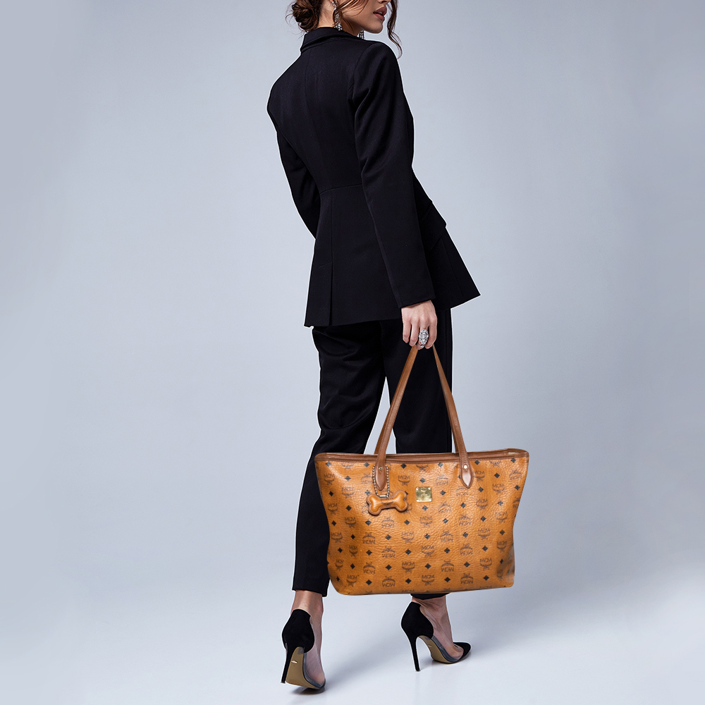 

MCM Cognac Visetos Coated Canvas Tote, Brown
