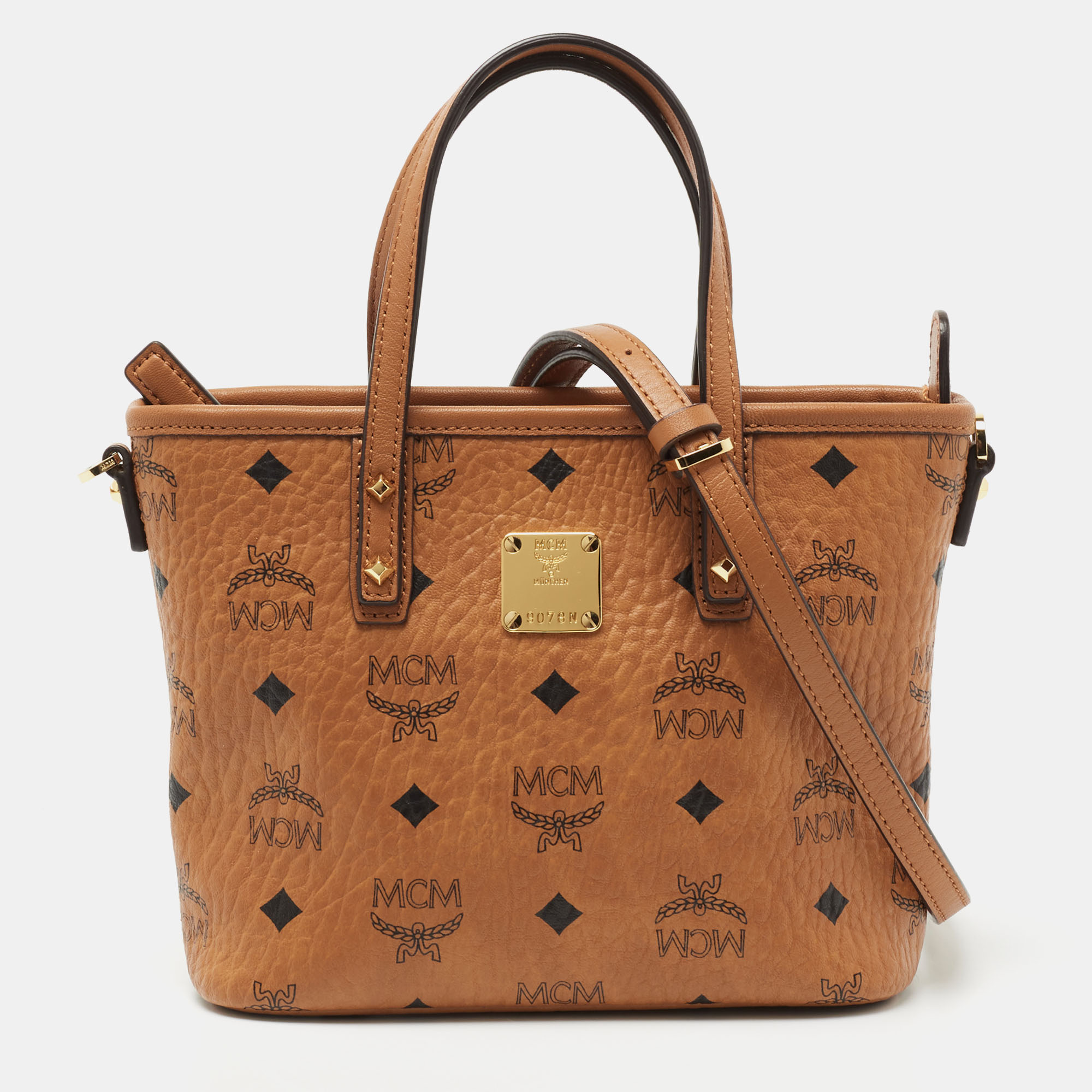 Pre Owned MCM Tan Visetos Coated Canvas and Leather Mini Anya Zip Tote