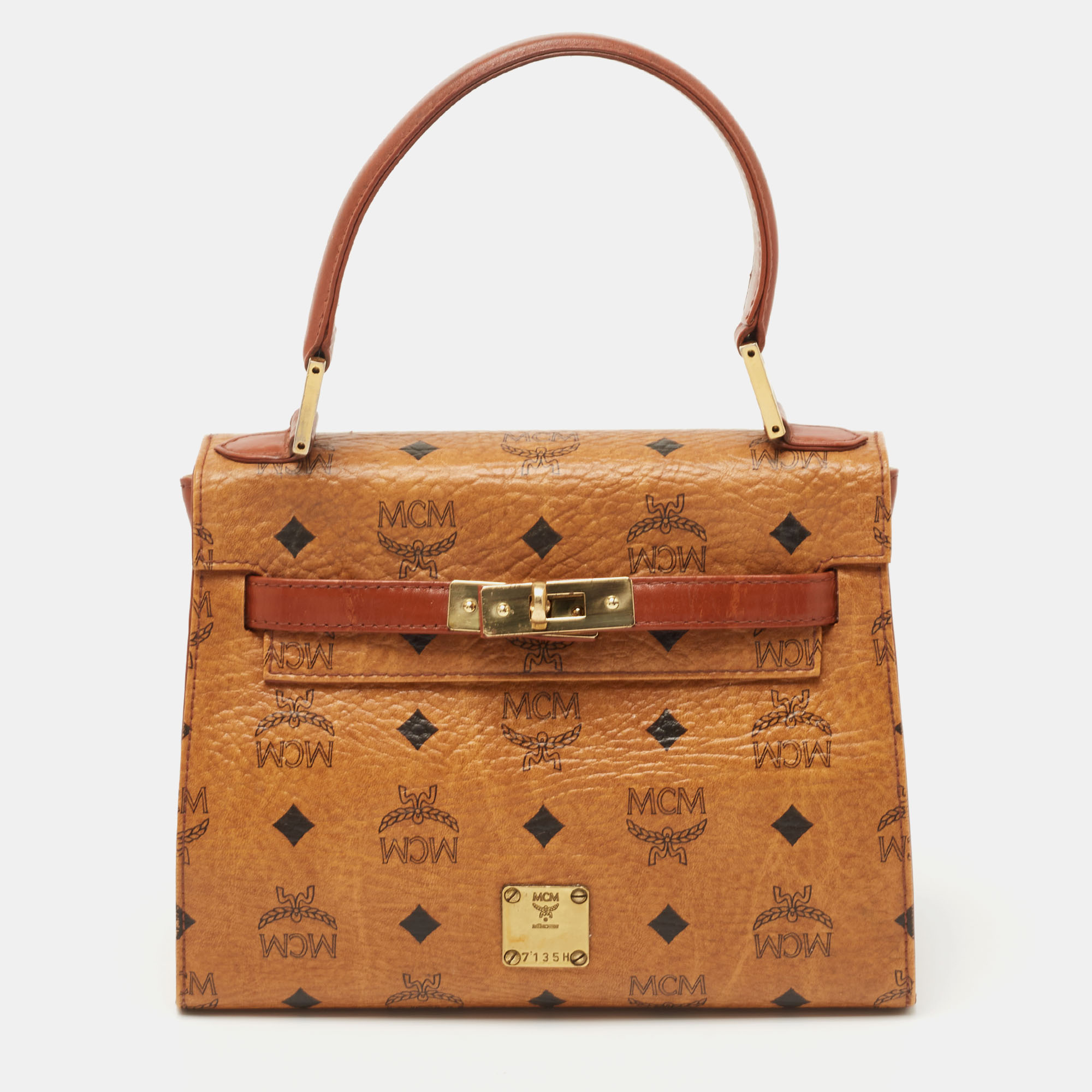 Pre-owned Mcm Cognac Visetoes Coated Canvas Heritage Top Handle Bag In Brown
