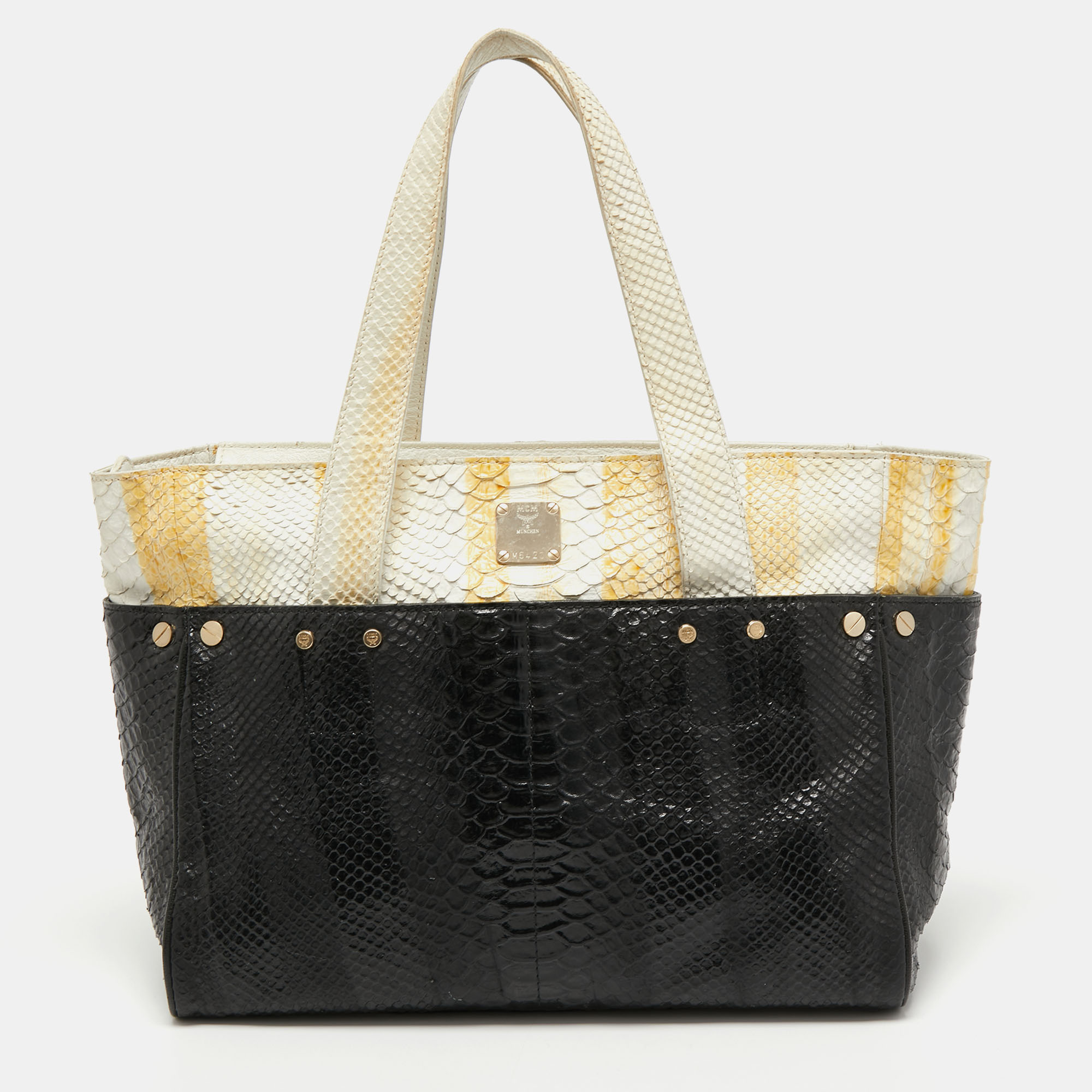 Pre-owned Mcm Yellow/black Python Embossed Leather Zip Tote