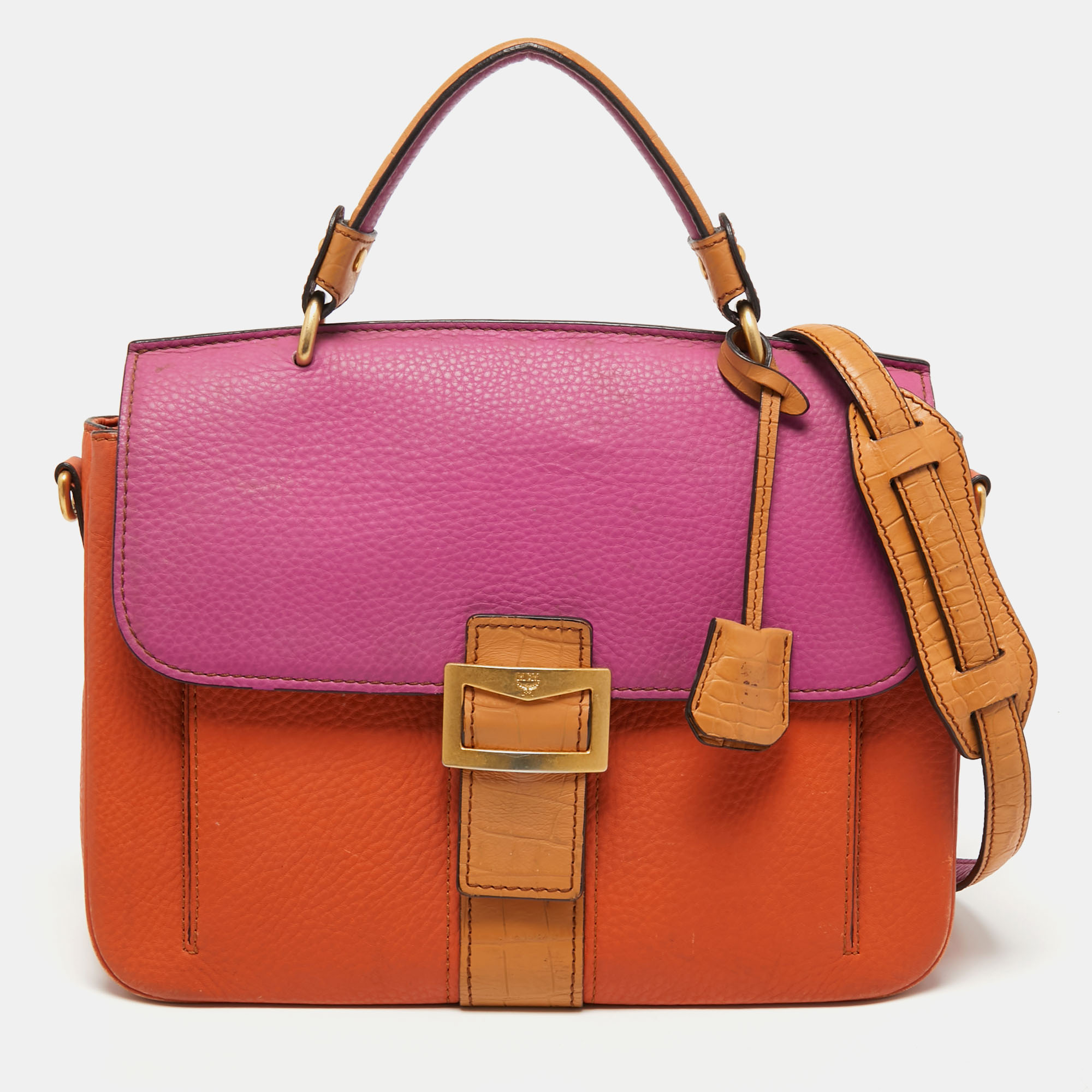 Pre-owned Mcm Orange/pink Croc Embossed And Leather Buckle Flap Top Handle Bag