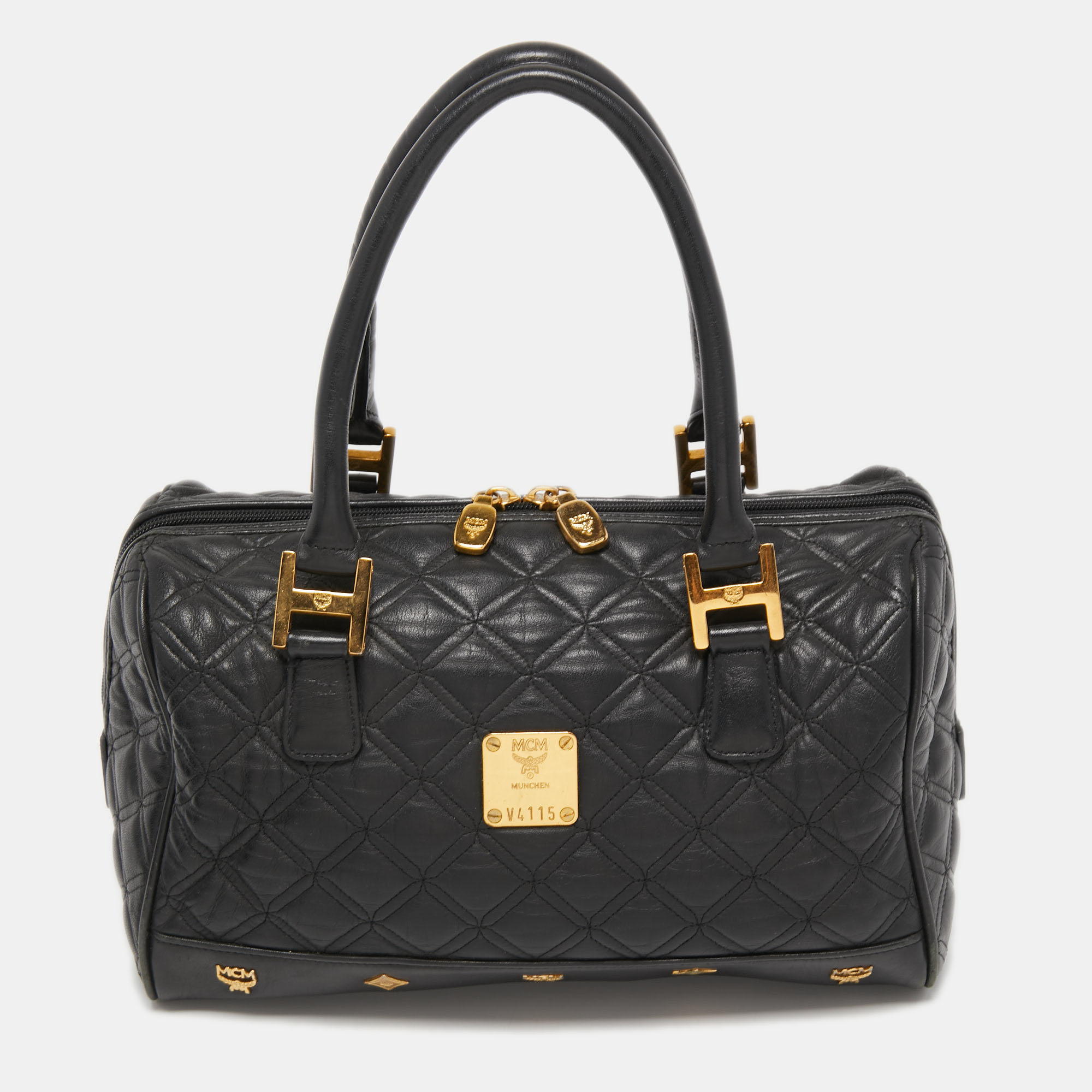 Pre-owned Mcm Black Quilted Leather Embellished Boston Bag