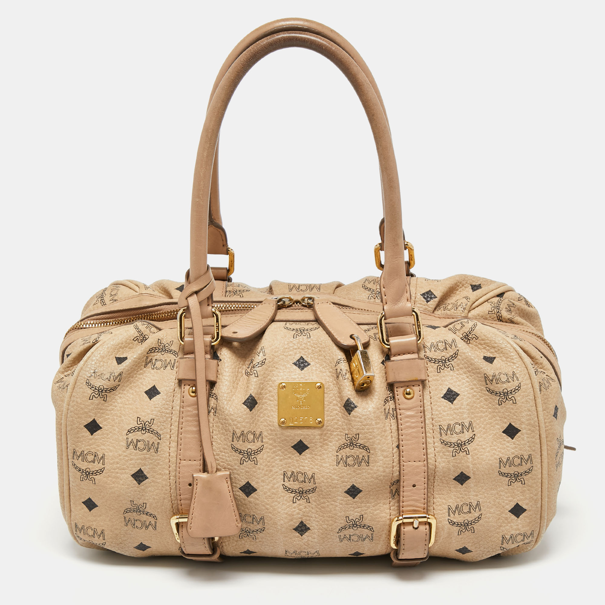 Pre-owned Mcm Cognac Visetos Coated Canvas And Leather Boston Bag In Beige