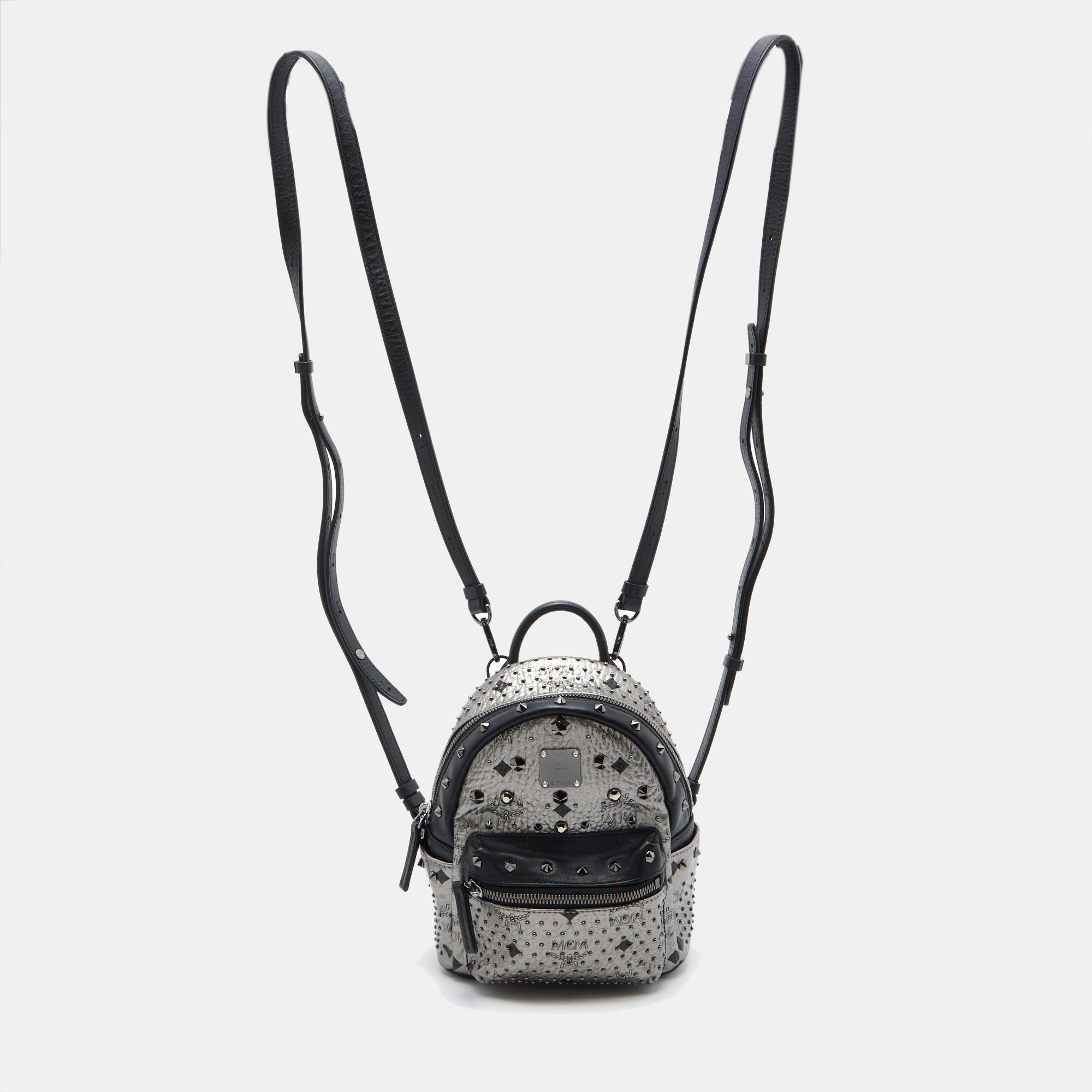 Pre-owned Mcm Metallic Grey Coated Canvas Mini Visetos Stark Studded Backpack
