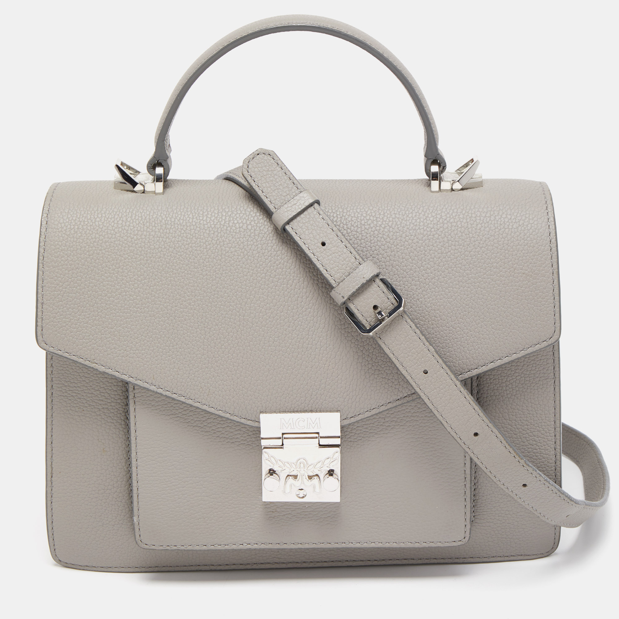 Pre-owned Mcm Grey Leather Medium Patricia Top Handle Bag
