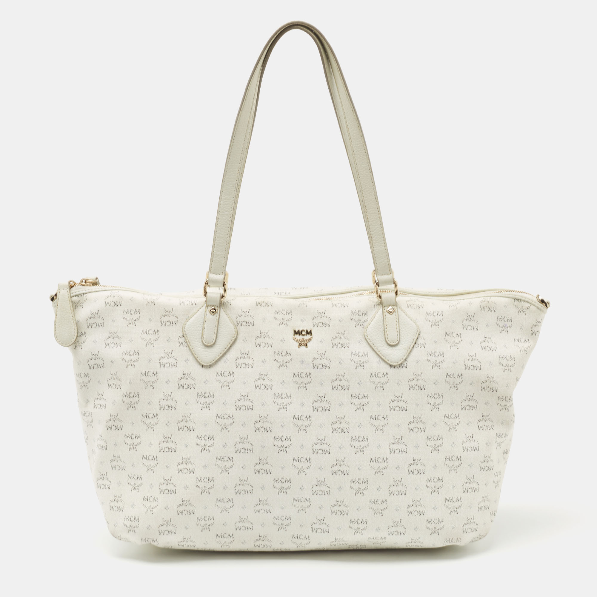 Pre-owned Mcm White Visetos Coated Canvas Top Zip Tote
