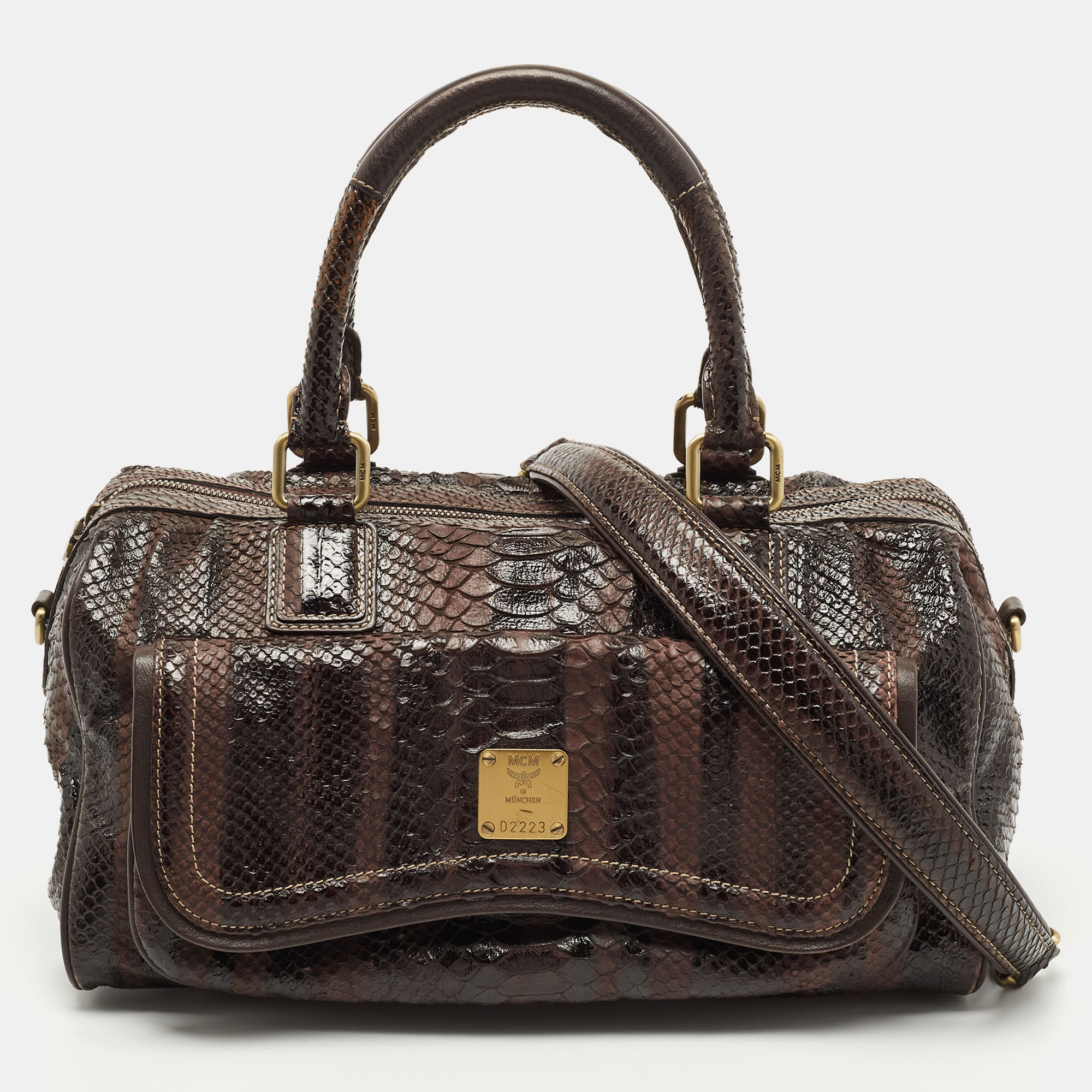 Pre-owned Mcm Dark Brown Python Embossed Leather Front Pocket Satchel